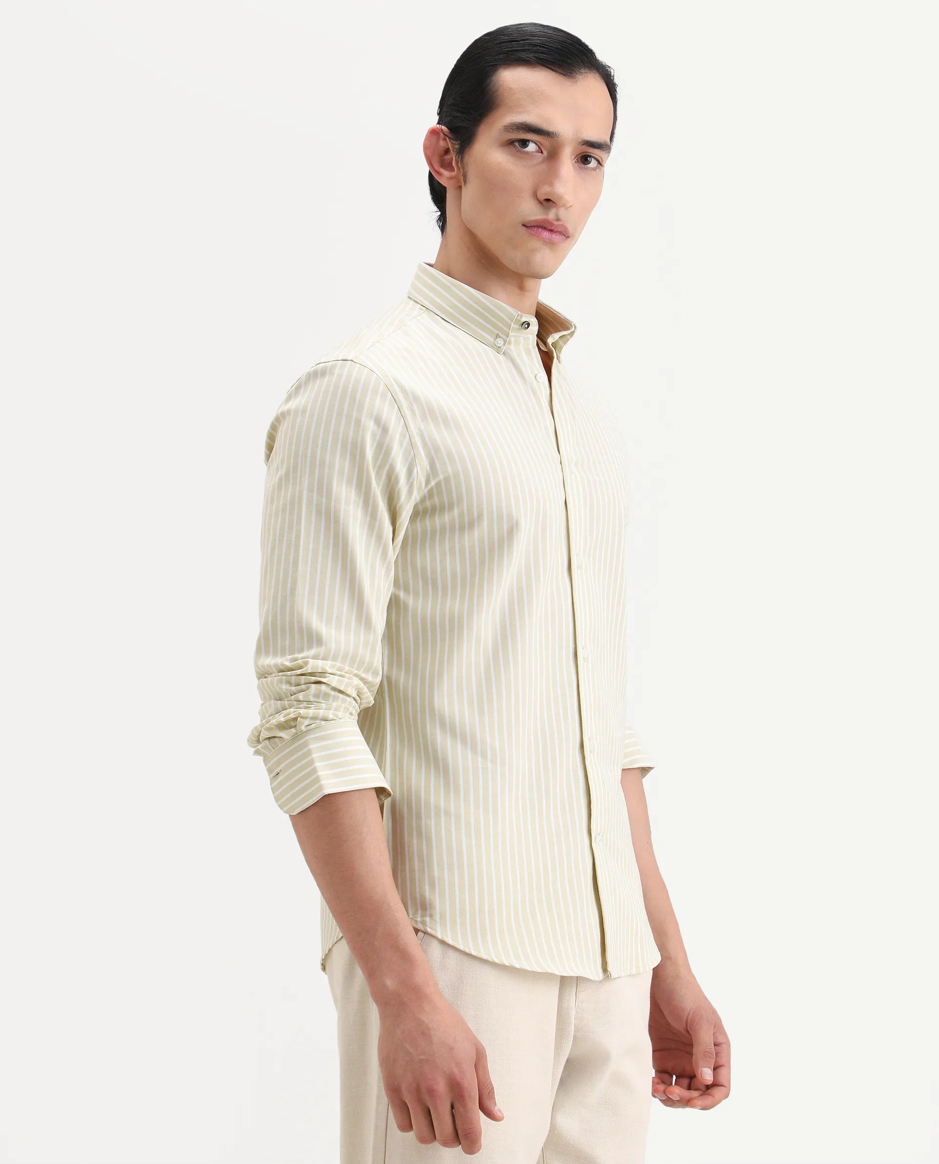 Rare Rabbit Men's Amble Dusky Green Cotton Blend Fabric Spread Collar Regular Fit Striped Shirt