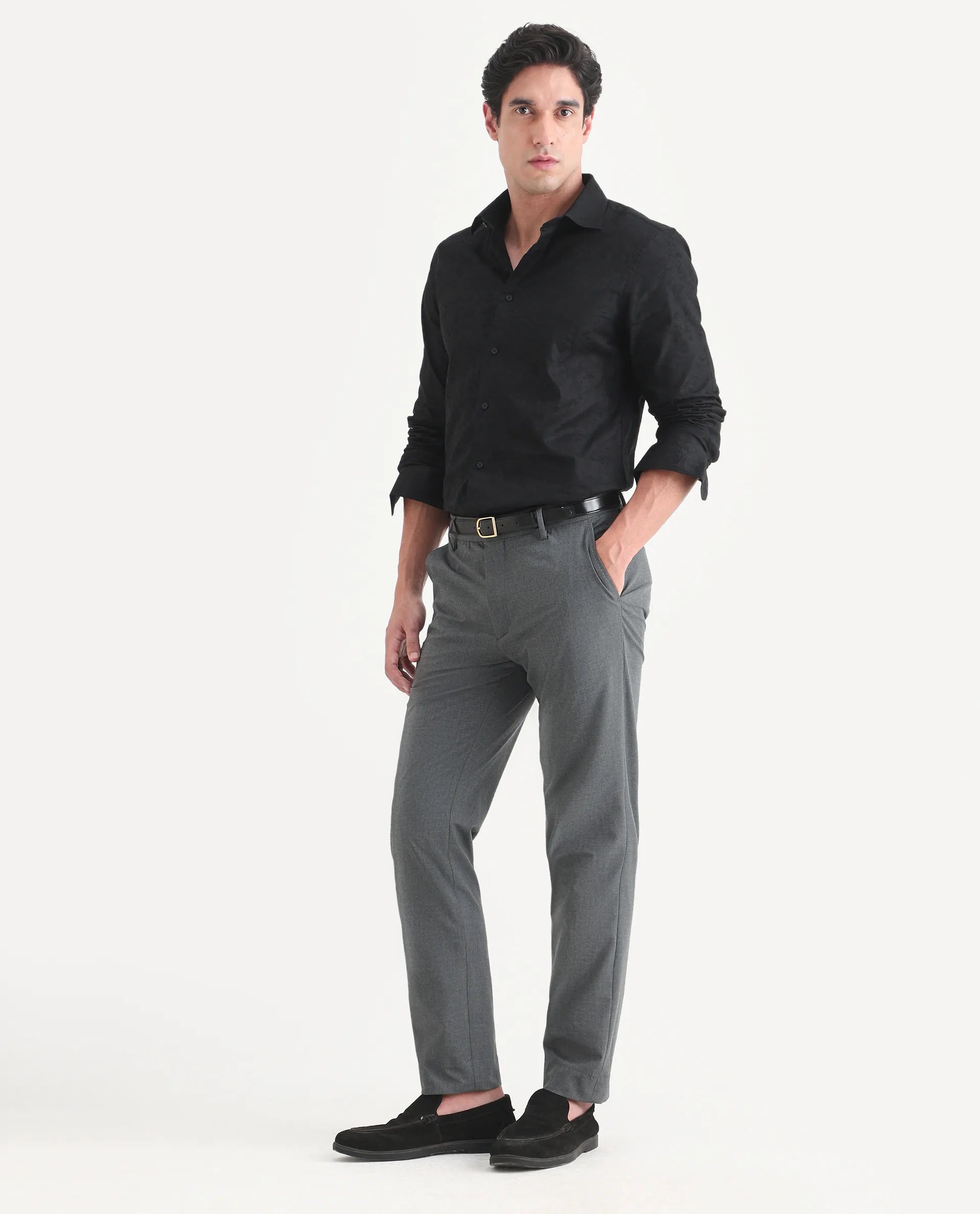 Rare Rabbit Men's Arcade-Lite Dark Grey Polyester Blend Fabric Regular Fit Plain Trouser