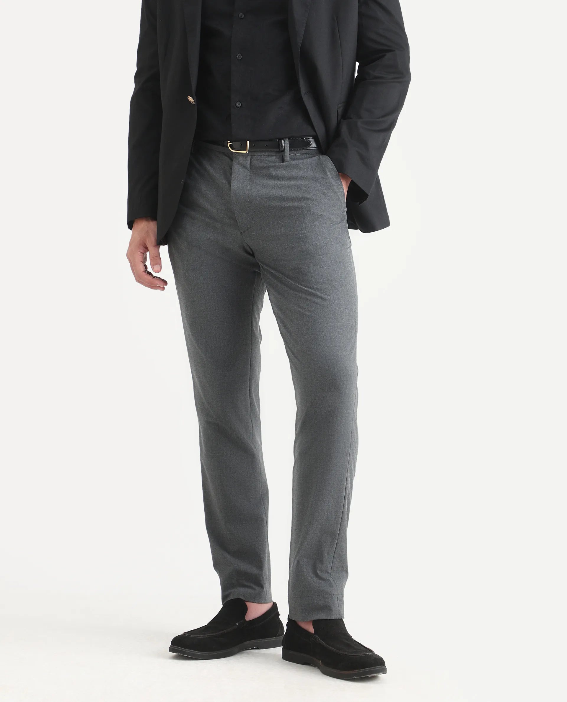 Rare Rabbit Men's Arcade-Lite Dark Grey Polyester Blend Fabric Regular Fit Plain Trouser