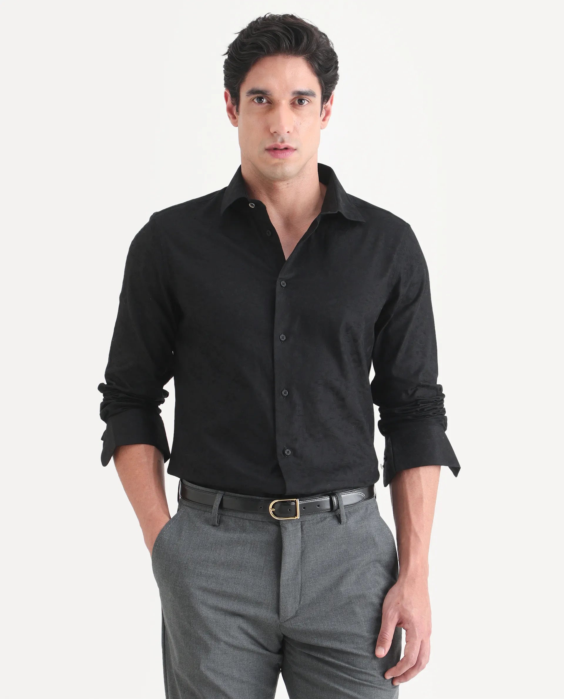 Rare Rabbit Men's Bedale Black Cotton Fabric Spread Collar Regular Fit Jacquard Shirt