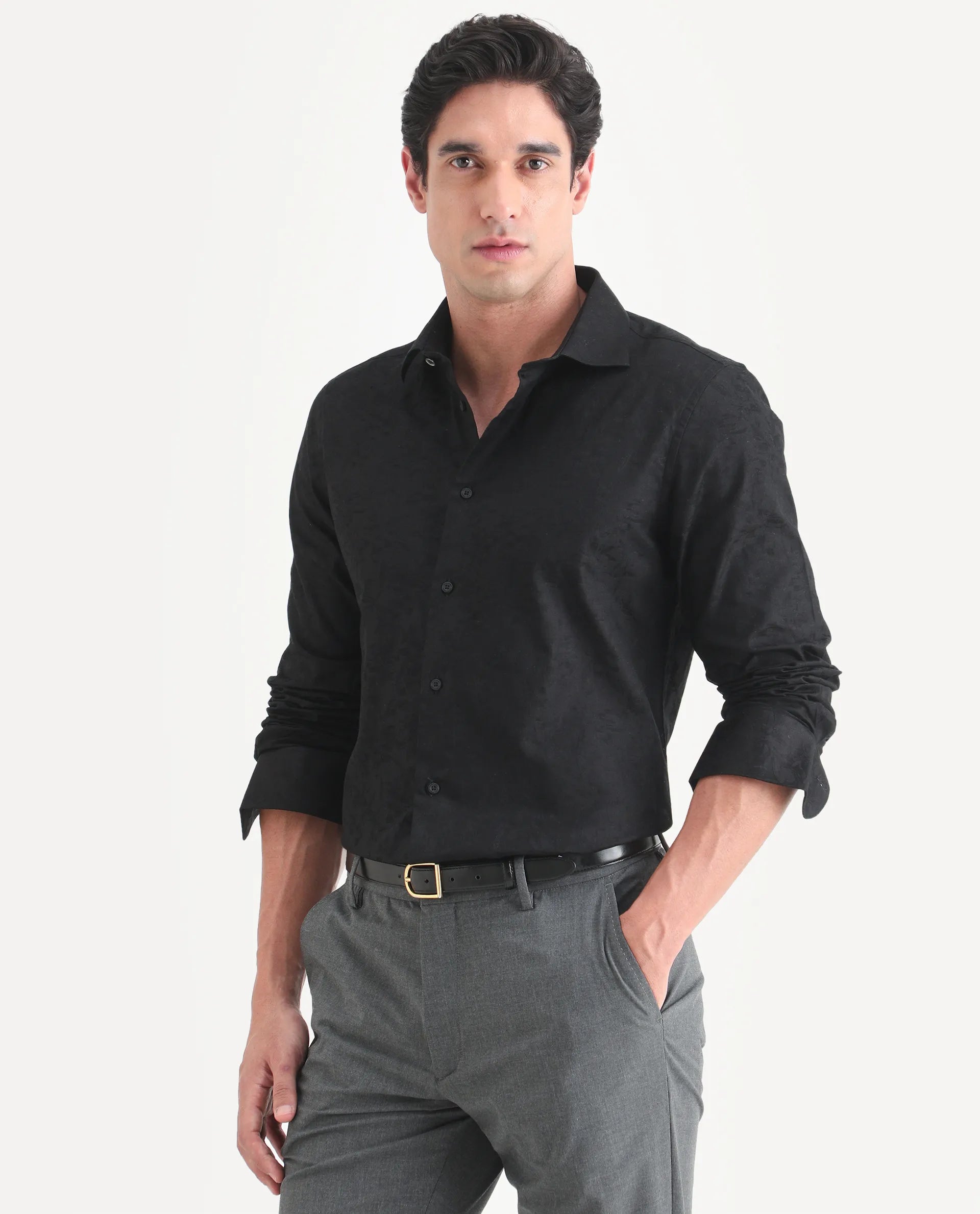 Rare Rabbit Men's Bedale Black Cotton Fabric Spread Collar Regular Fit Jacquard Shirt