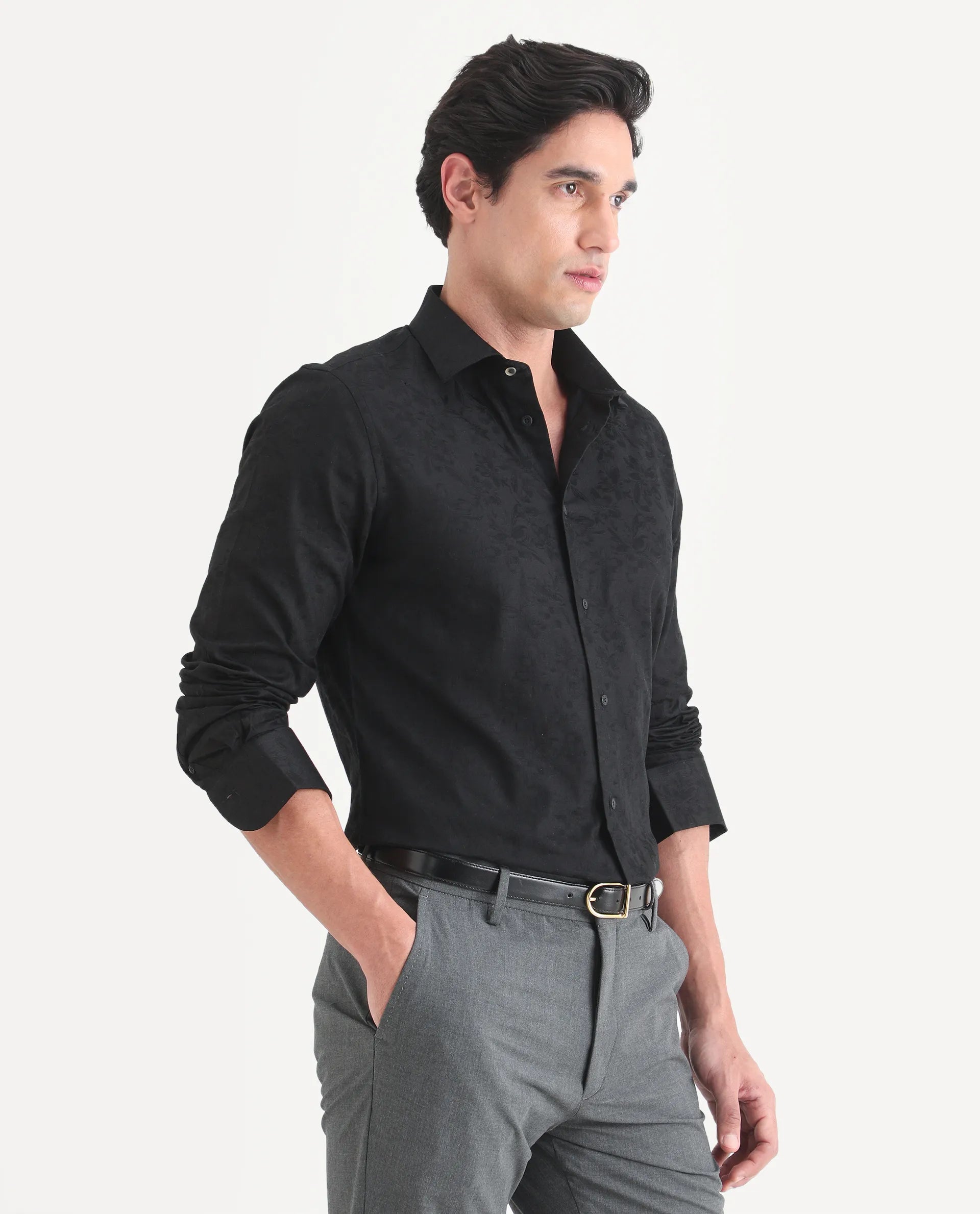 Rare Rabbit Men's Bedale Black Cotton Fabric Spread Collar Regular Fit Jacquard Shirt