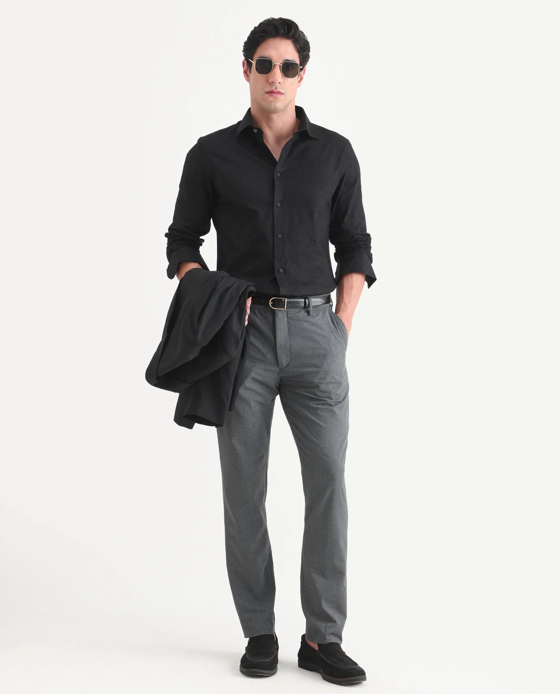 Rare Rabbit Men's Bedale Black Cotton Fabric Spread Collar Regular Fit Jacquard Shirt