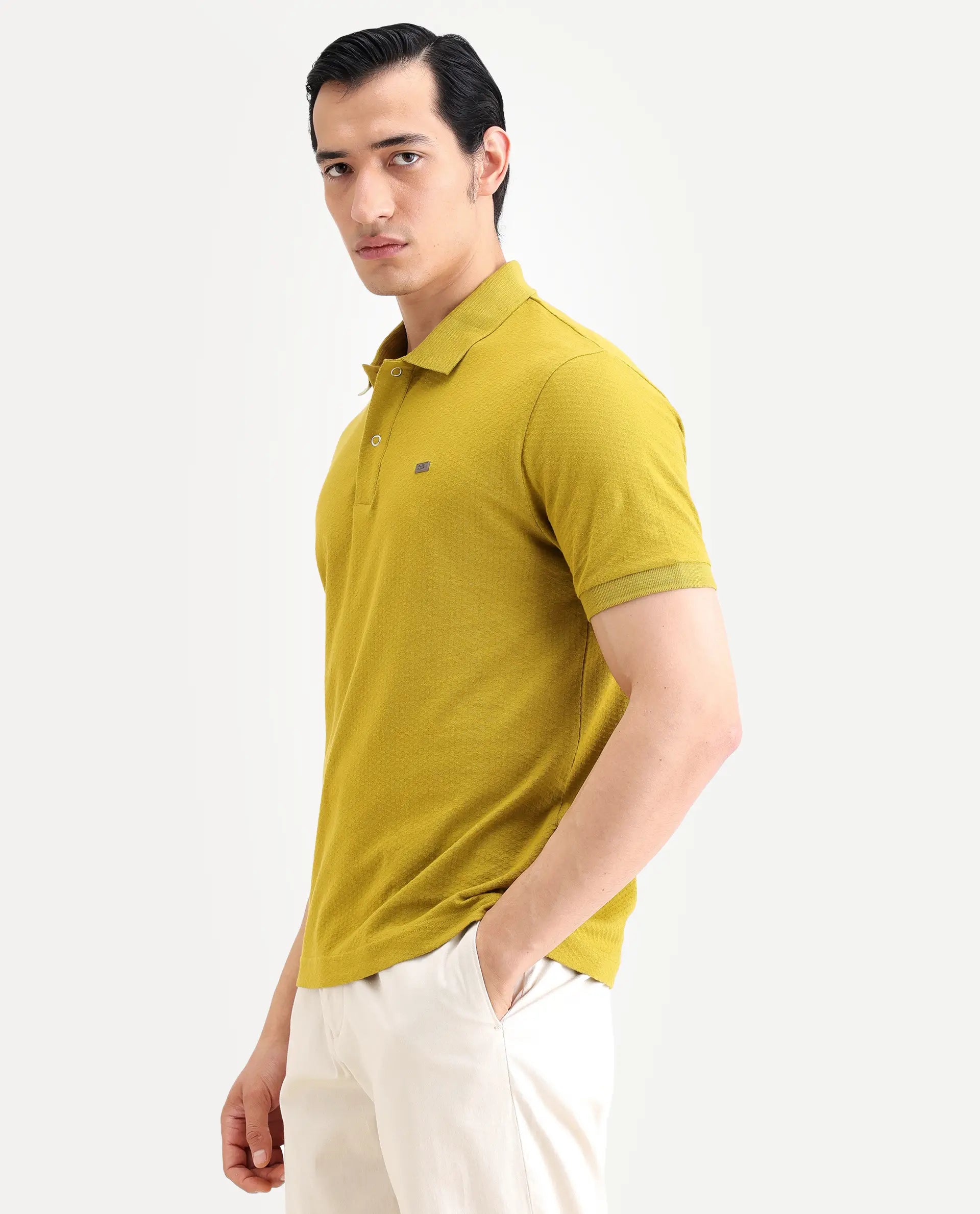 Rare Rabbit Men's Avo Dusky Olive Cotton Fabric Spread Collar Regular Fit Plain Polo