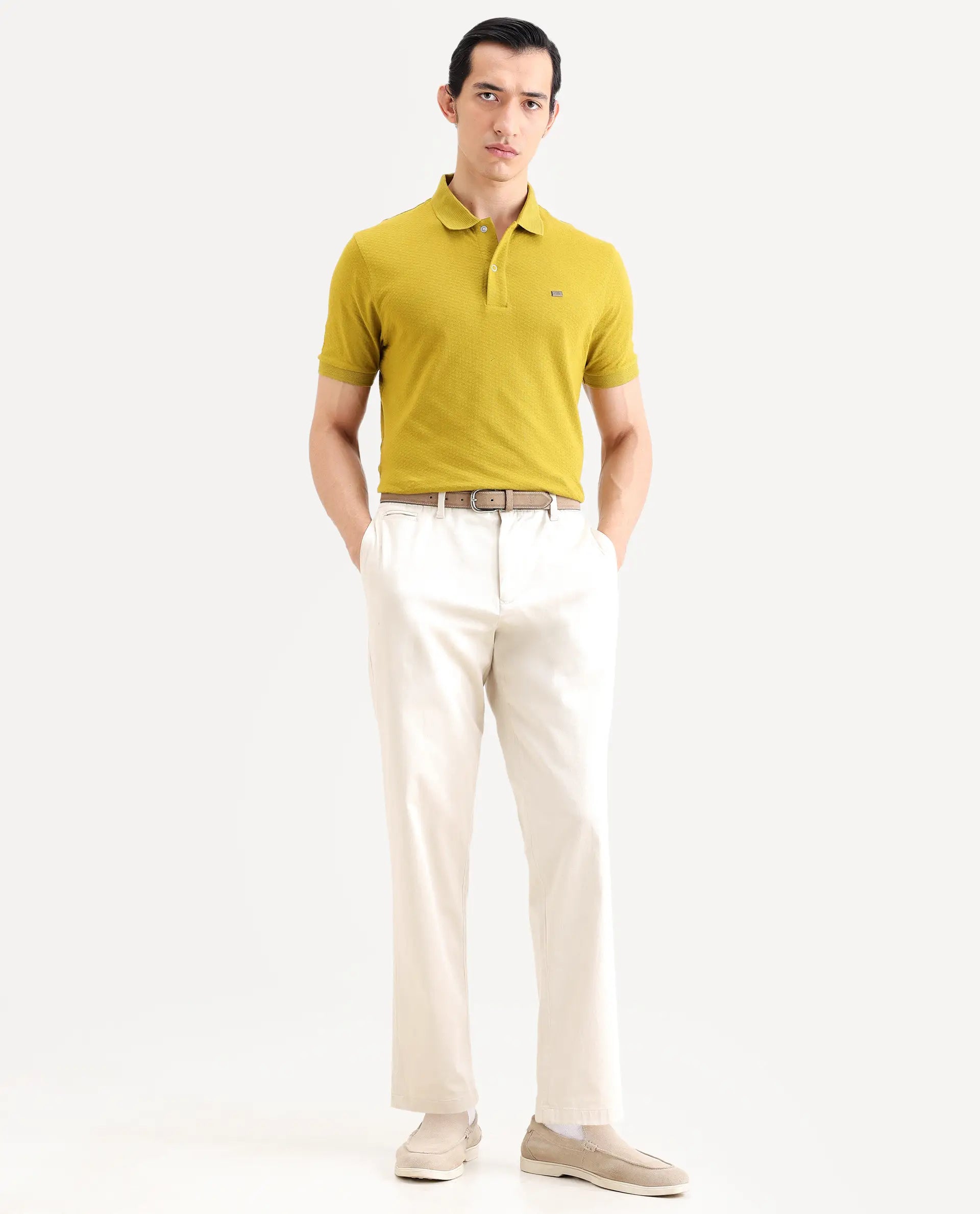 Rare Rabbit Men's Avo Dusky Olive Cotton Fabric Spread Collar Regular Fit Plain Polo