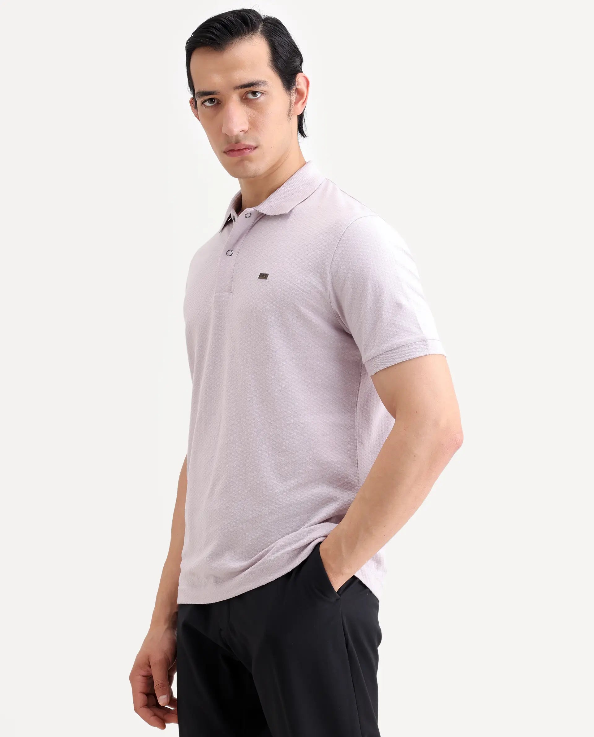 Rare Rabbit Men's Avo Pastel Purple Cotton Fabric Spread Collar Regular Fit Plain Polo