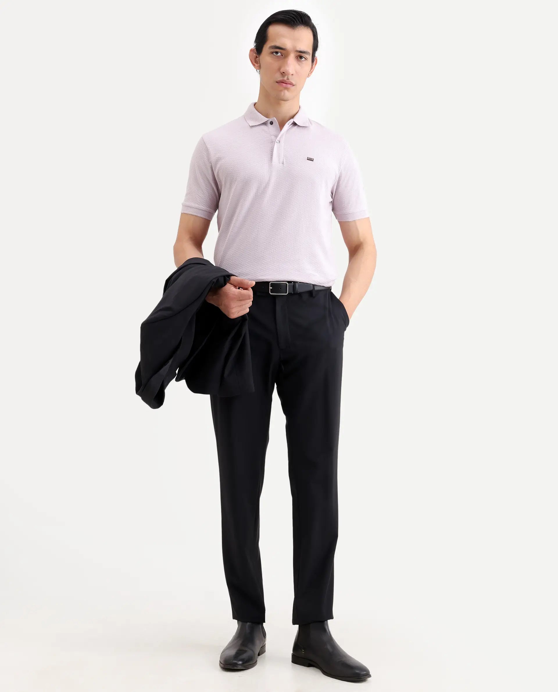 Rare Rabbit Men's Avo Pastel Purple Cotton Fabric Spread Collar Regular Fit Plain Polo