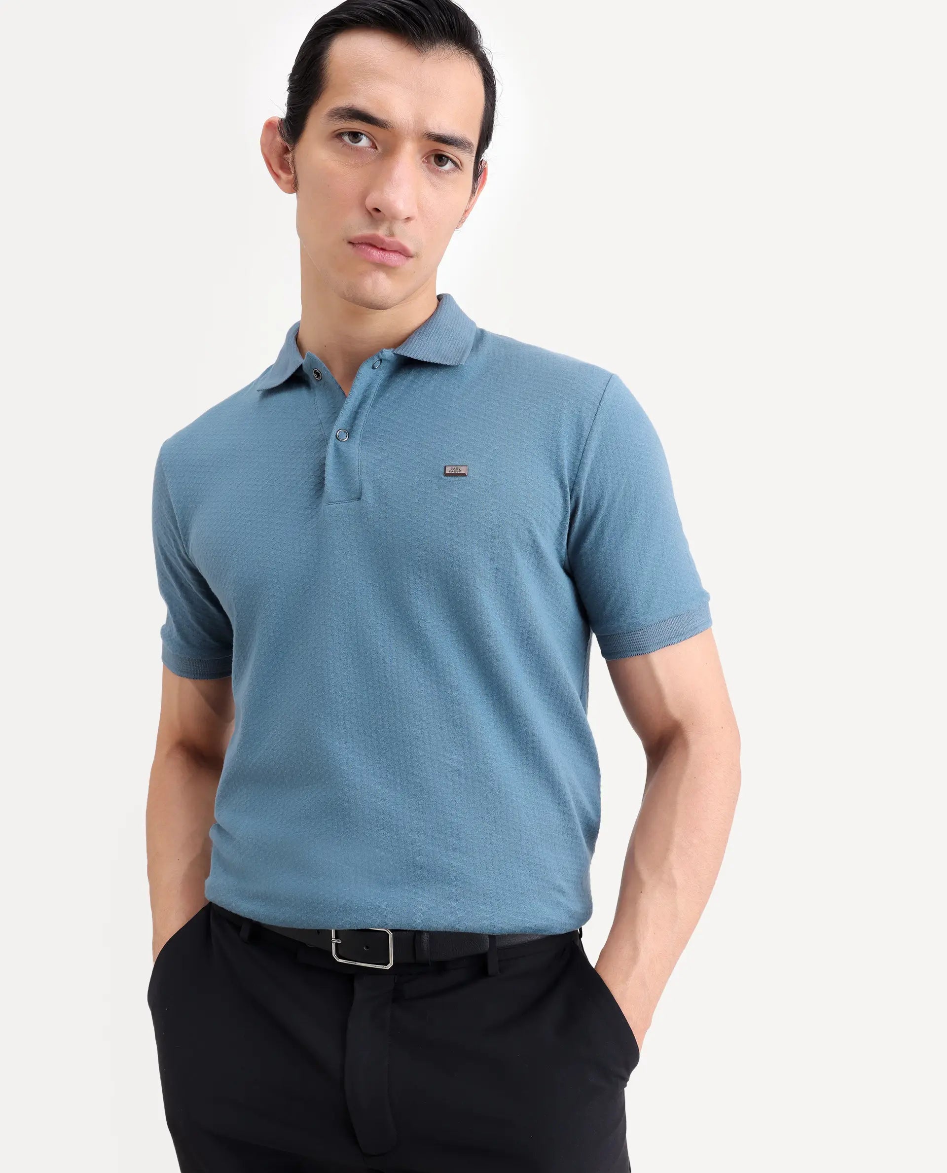 Rare Rabbit Men's Avo Dusky Blue Cotton Fabric Spread Collar Regular Fit Plain Polo