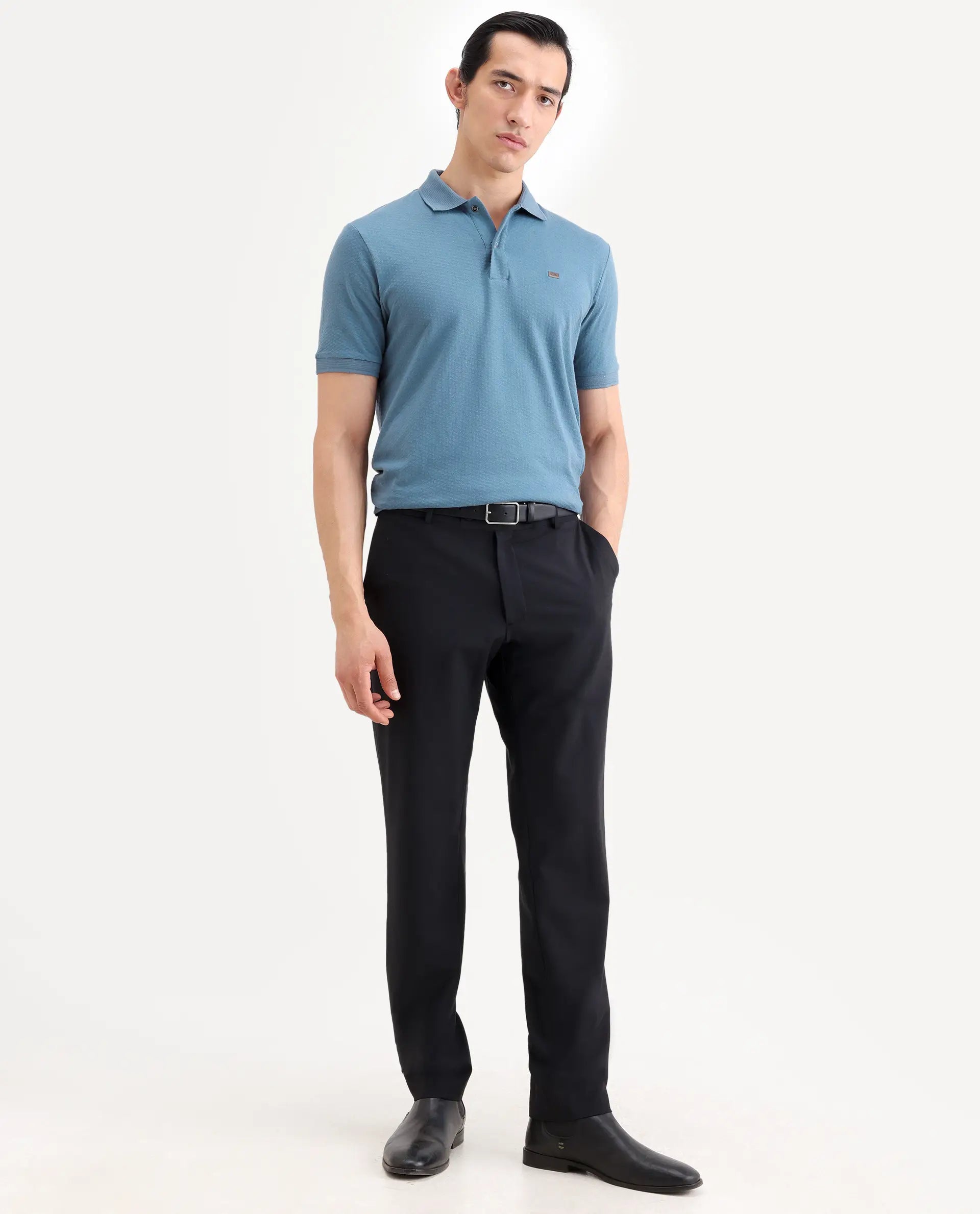 Rare Rabbit Men's Avo Dusky Blue Cotton Fabric Spread Collar Regular Fit Plain Polo