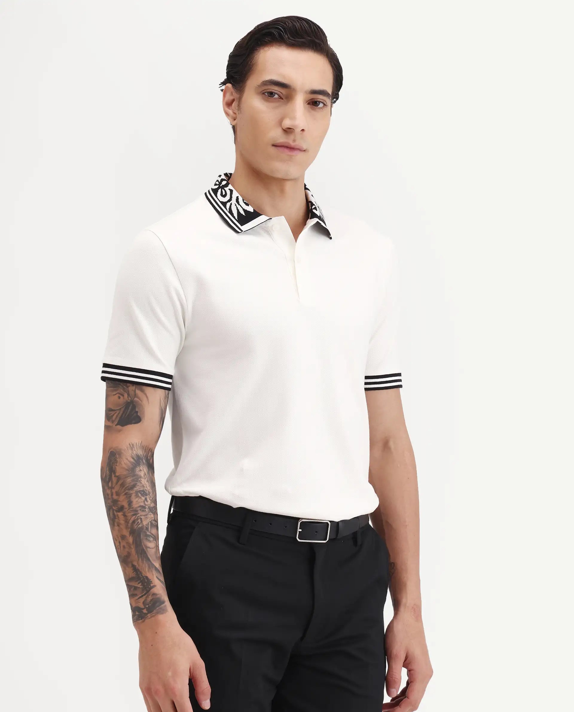 Rare Rabbit Men's Axeo White Cotton Blend Fabric Spread Collar Regular Fit Plain Polo