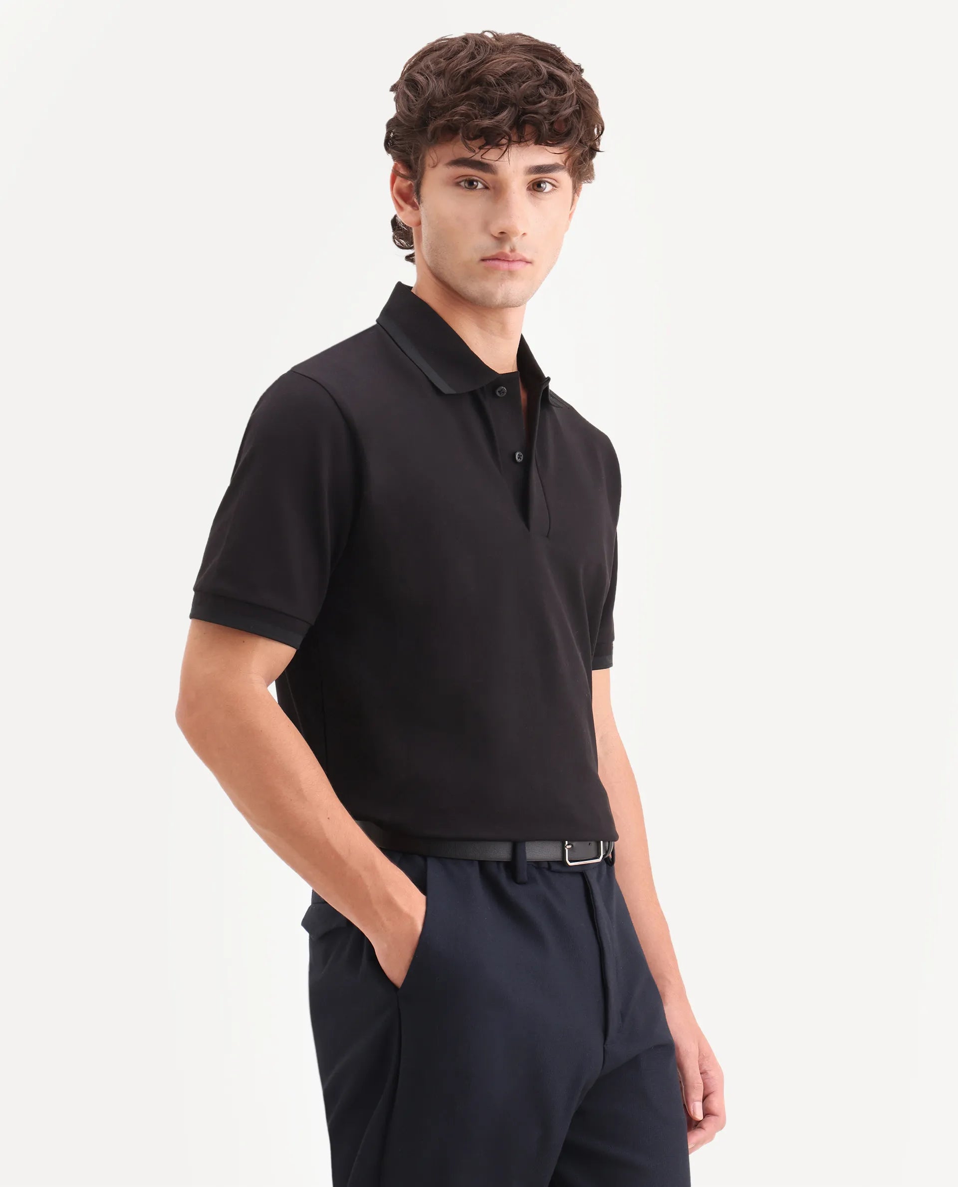 Rare Rabbit Men's Clak Black Cotton Blend Fabric Half Sleeve Spread Collar Regular Fit Plain Polo