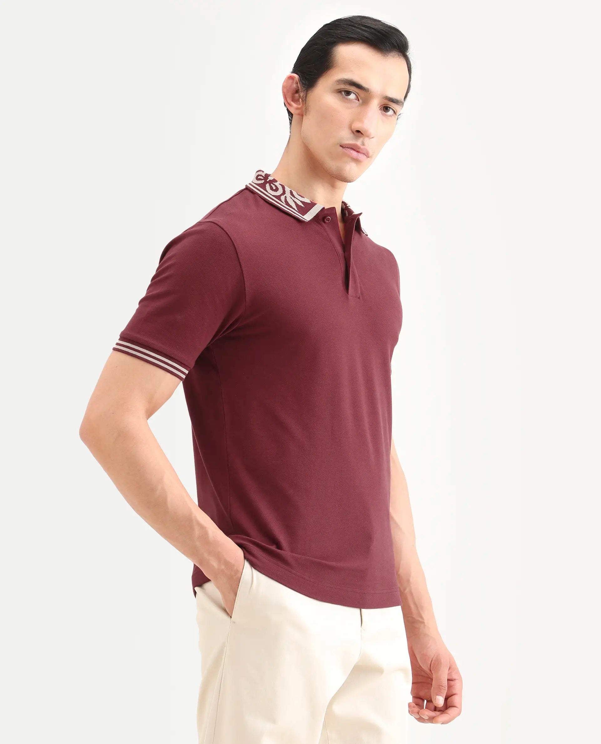 Rare Rabbit Men's Axeo Red Cotton Blend Fabric Spread Collar Regular Fit Plain Polo