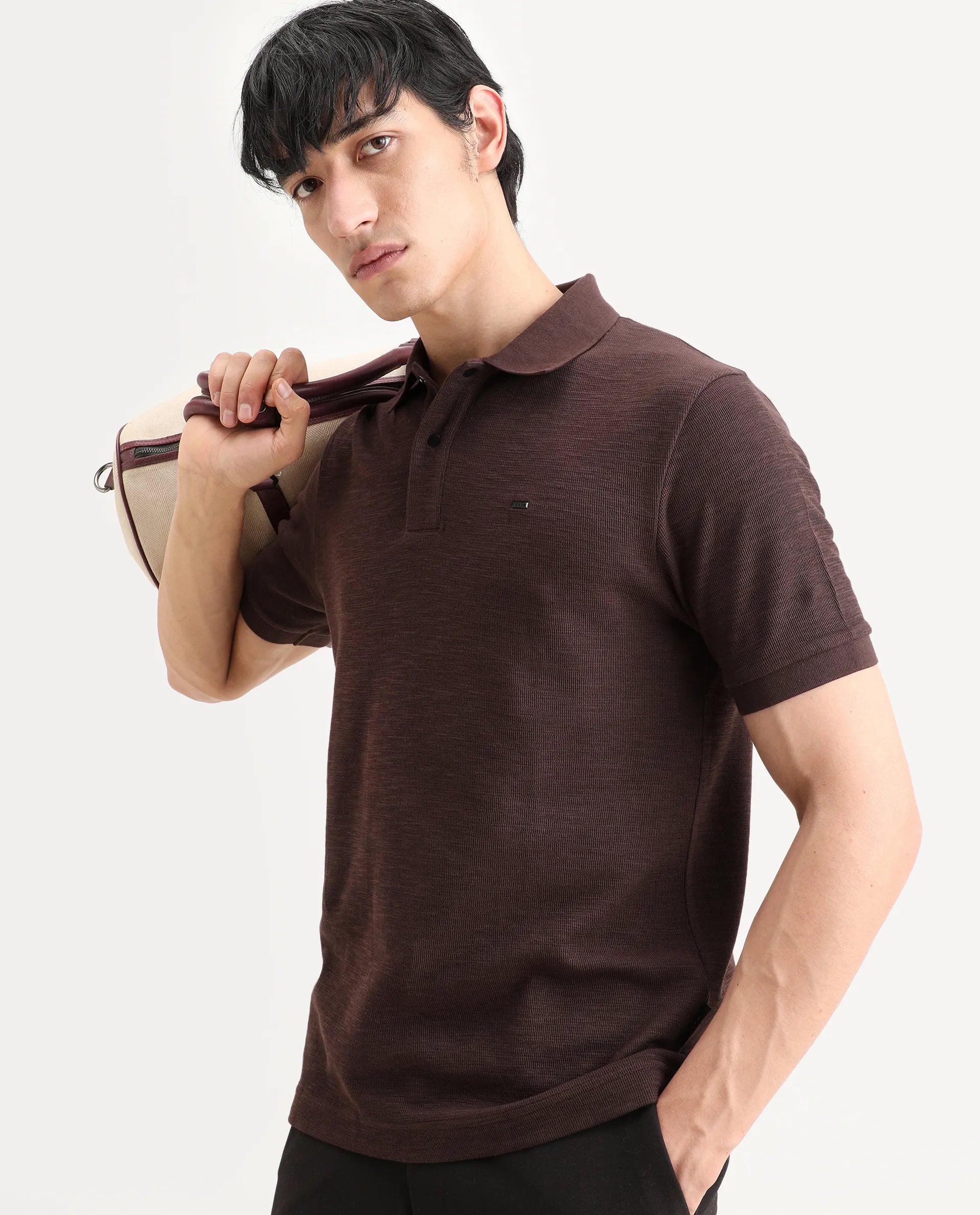 Rare Rabbit Men's Caro Brown Cotton Fabric Spread Collar Regular Fit Plain Polo