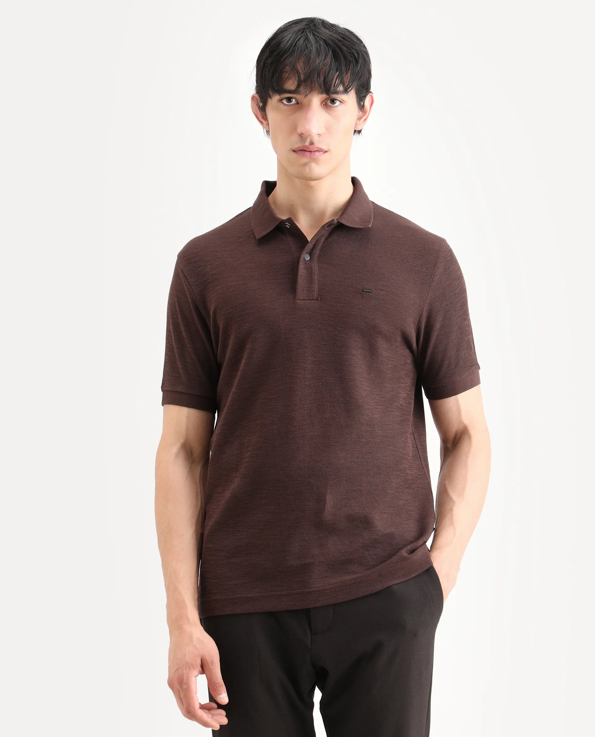 Rare Rabbit Men's Caro Brown Cotton Fabric Spread Collar Regular Fit Plain Polo