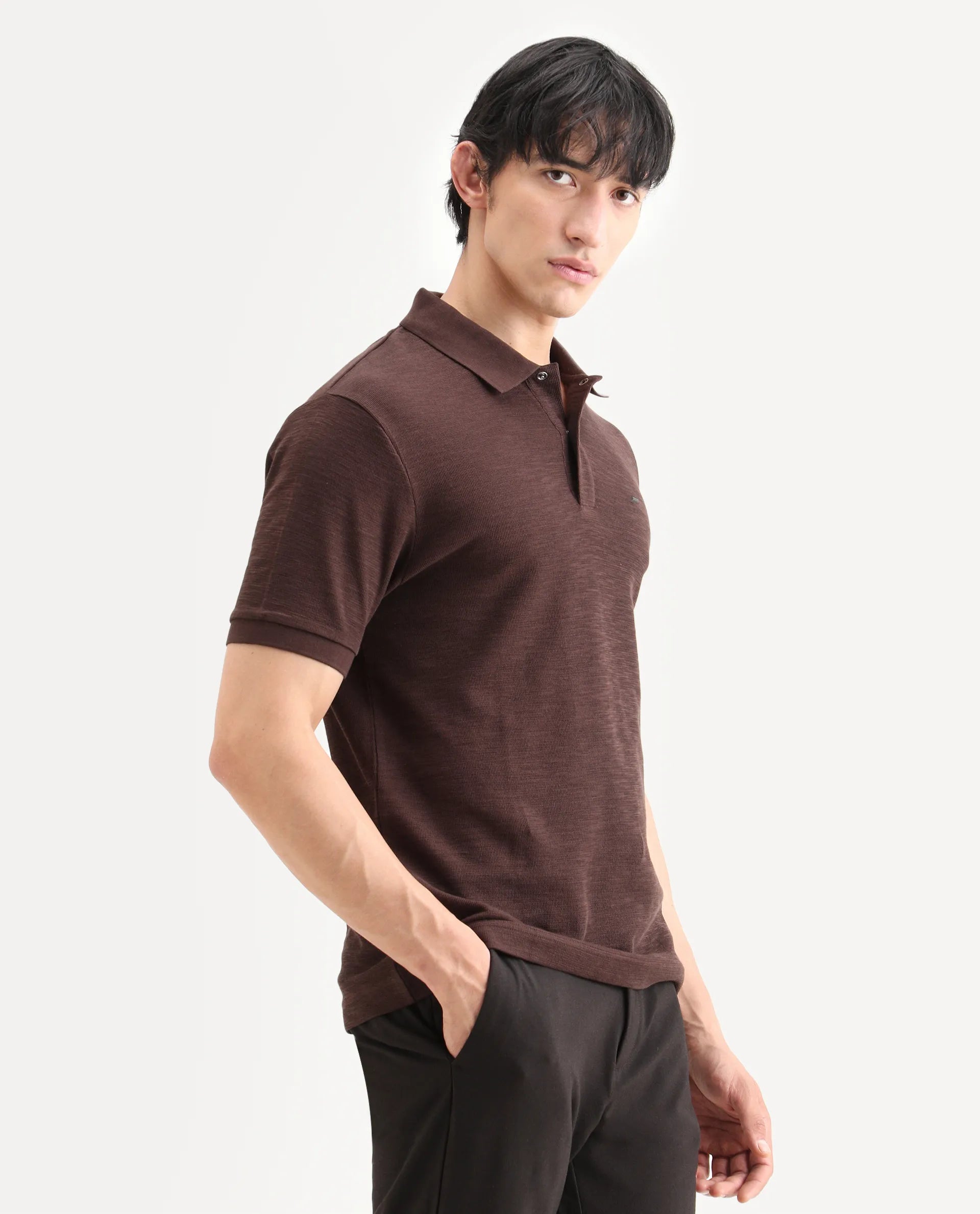 Rare Rabbit Men's Caro Brown Cotton Fabric Spread Collar Regular Fit Plain Polo