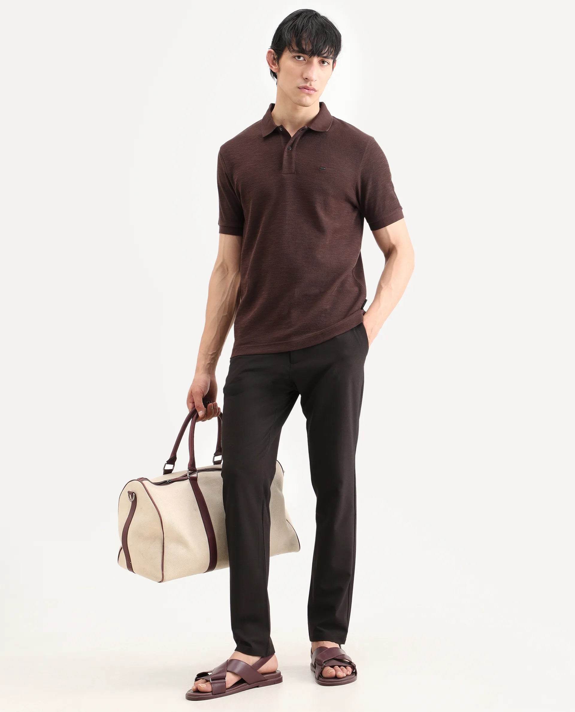 Rare Rabbit Men's Caro Brown Cotton Fabric Spread Collar Regular Fit Plain Polo