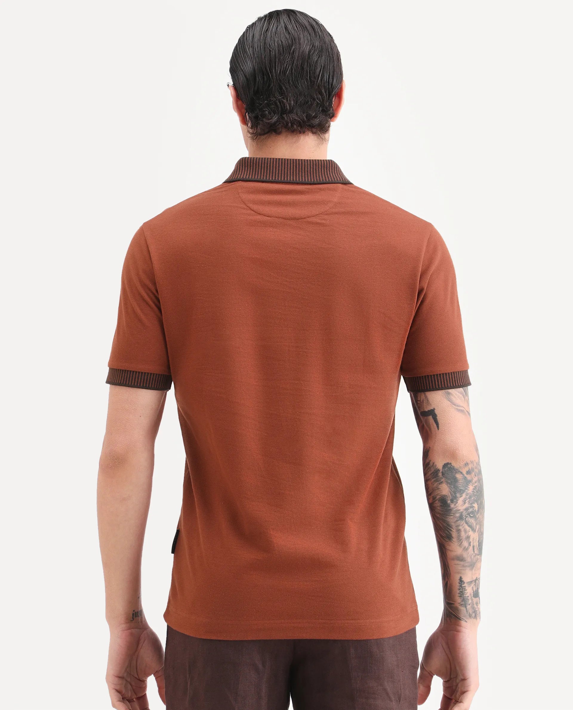 Rare Rabbit Men's Trij Rust Cotton Blend Fabric Spread Collar Regular Fit Plain Polo