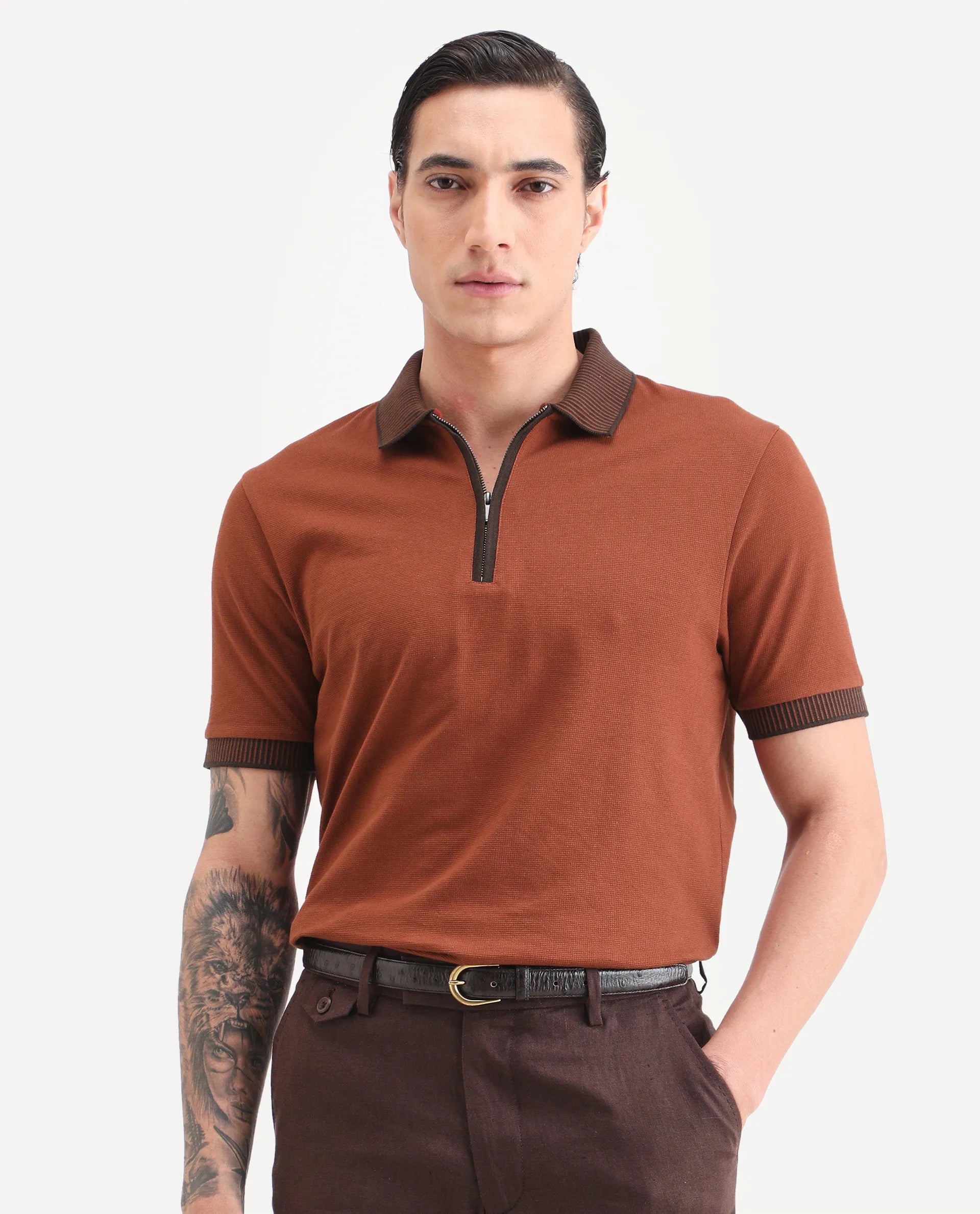 Rare Rabbit Men's Trij Rust Cotton Blend Fabric Spread Collar Regular Fit Plain Polo