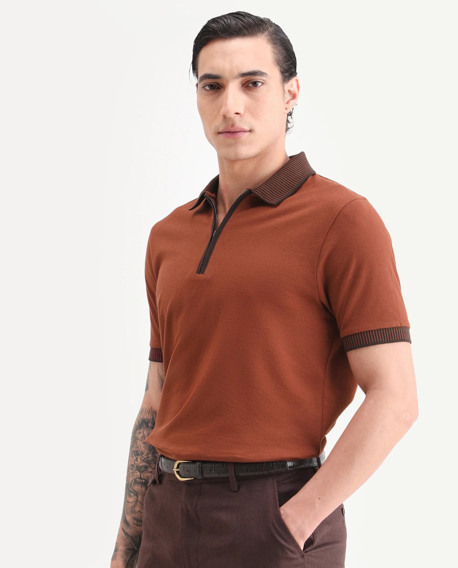 Rare Rabbit Men's Trij Rust Cotton Blend Fabric Spread Collar Regular Fit Plain Polo