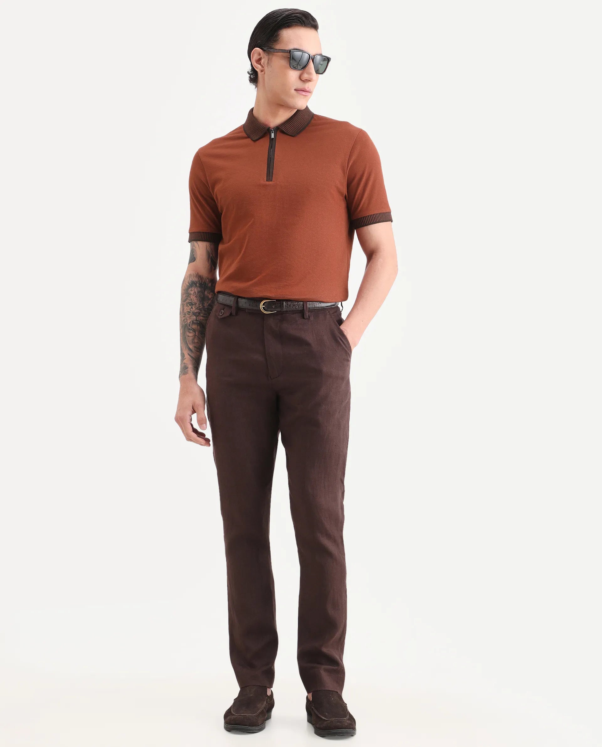Rare Rabbit Men's Trij Rust Cotton Blend Fabric Spread Collar Regular Fit Plain Polo