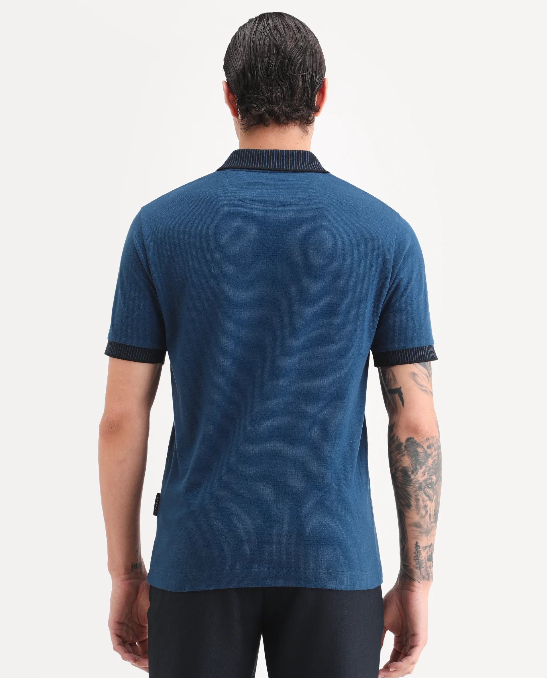 Rare Rabbit Men's Trij Blue Cotton Blend Fabric Spread Collar Regular Fit Plain Polo