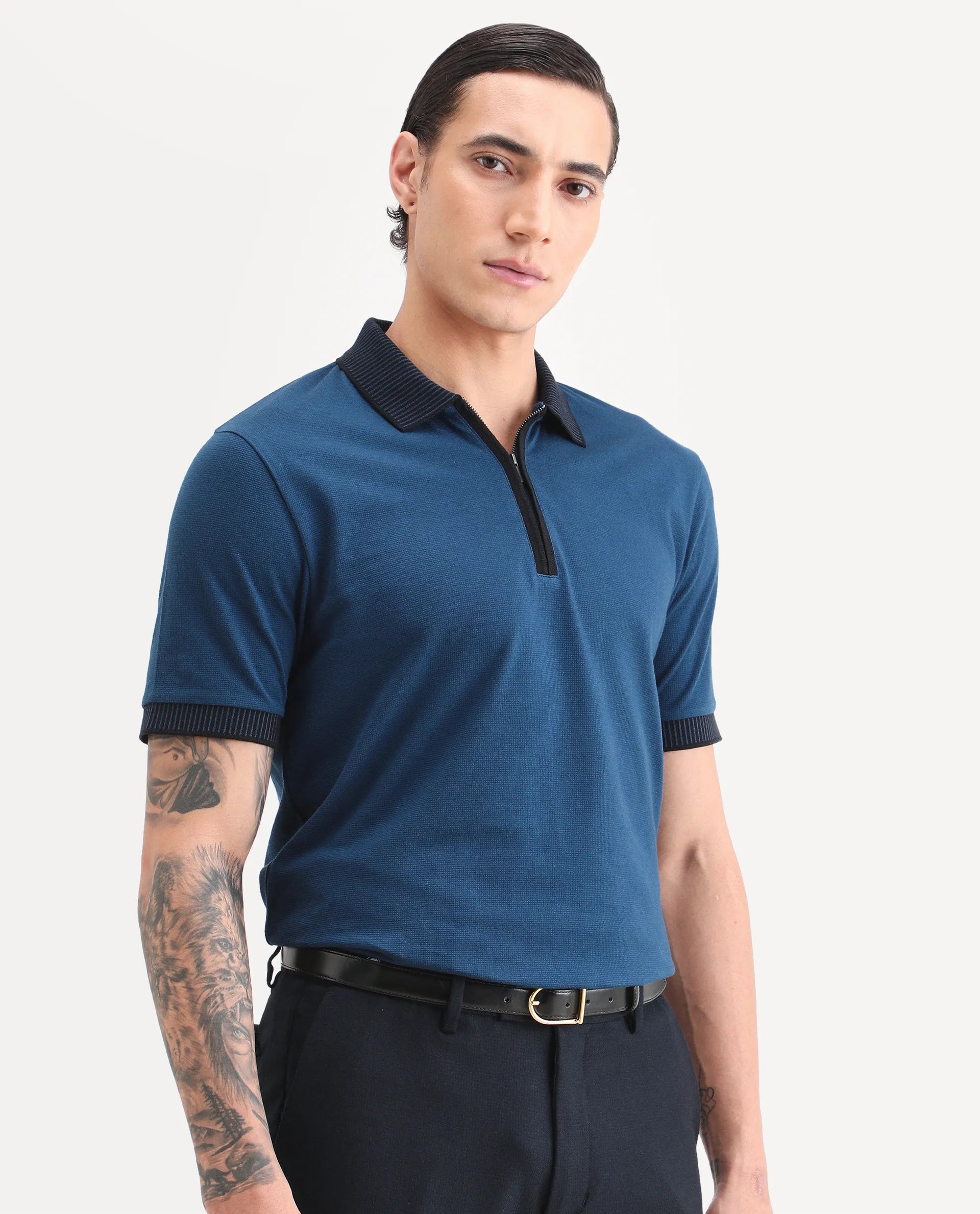 Rare Rabbit Men's Trij Blue Cotton Blend Fabric Spread Collar Regular Fit Plain Polo