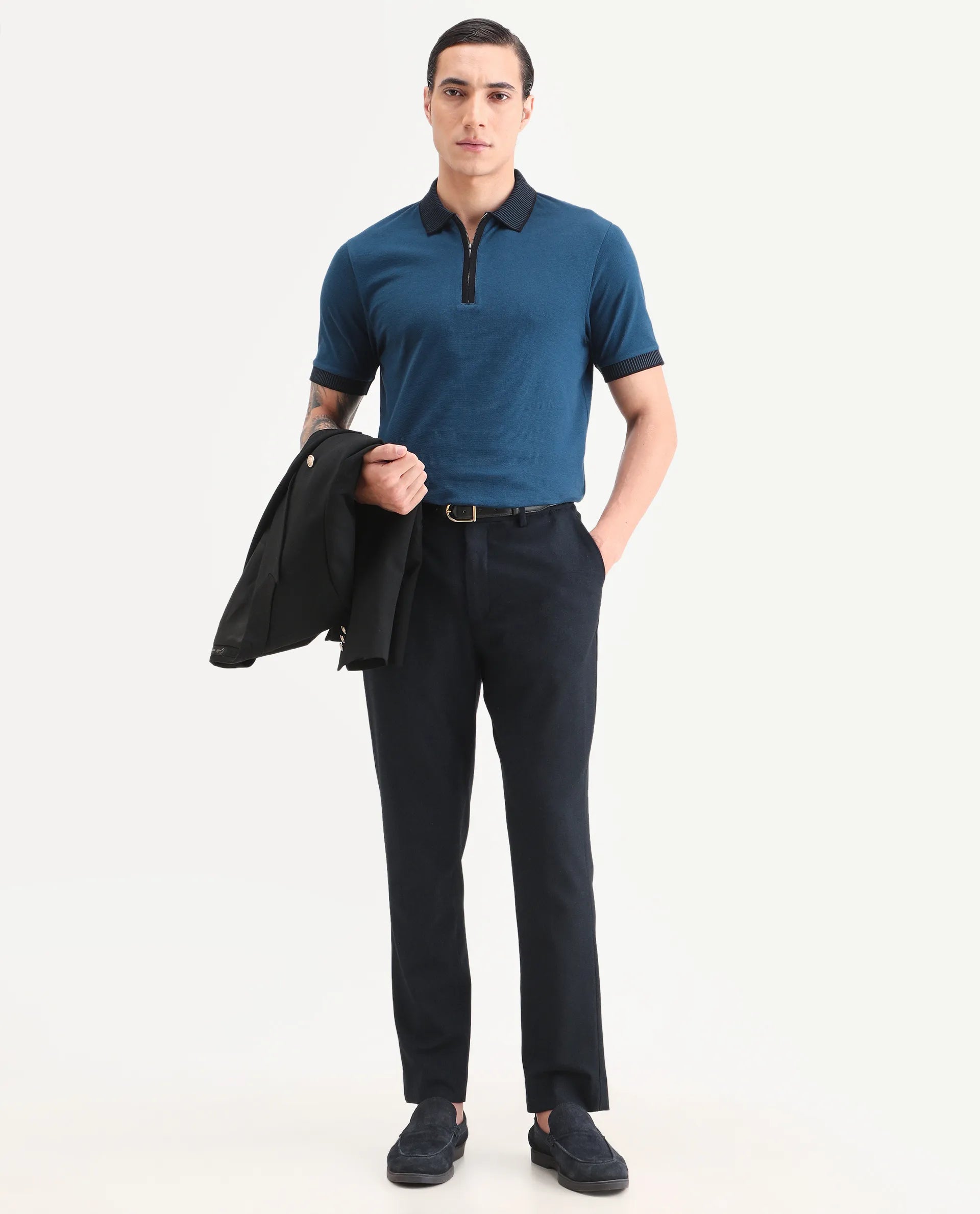 Rare Rabbit Men's Trij Blue Cotton Blend Fabric Spread Collar Regular Fit Plain Polo