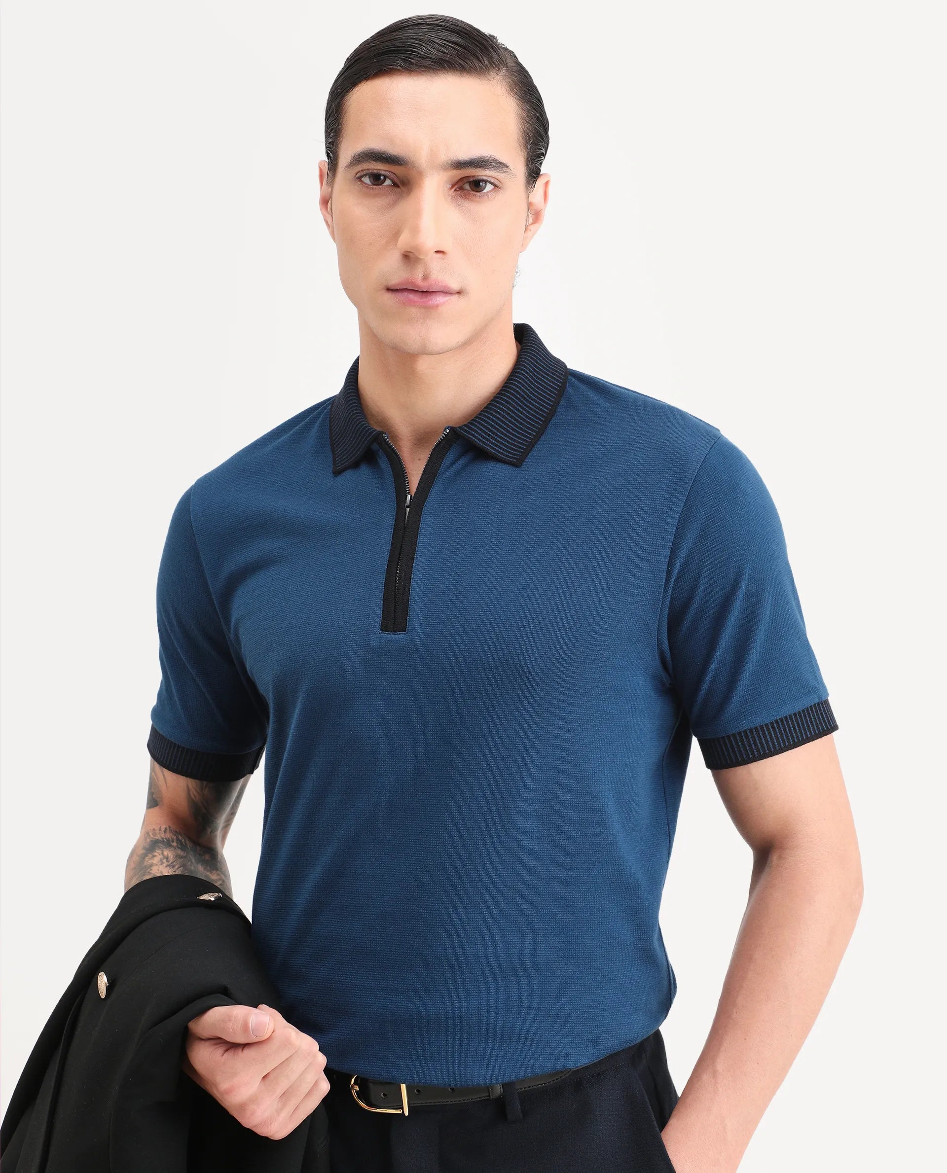 Rare Rabbit Men's Trij Blue Cotton Blend Fabric Spread Collar Regular Fit Plain Polo