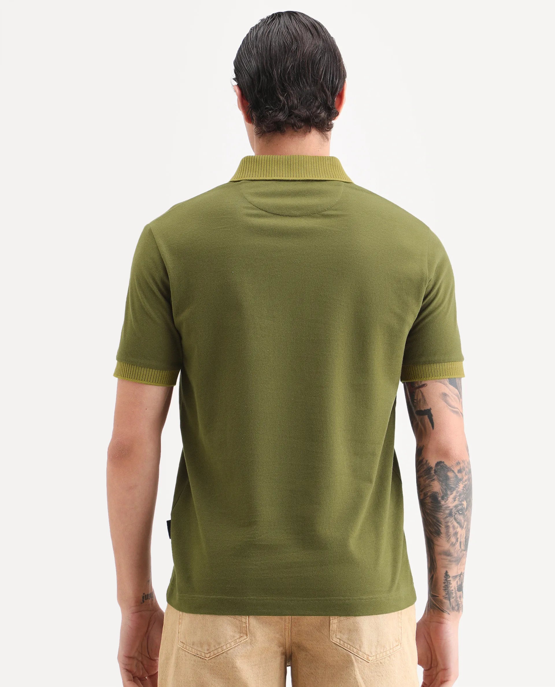 Rare Rabbit Men's Trij Olive Cotton Blend Fabric Spread Collar Regular Fit Plain Polo