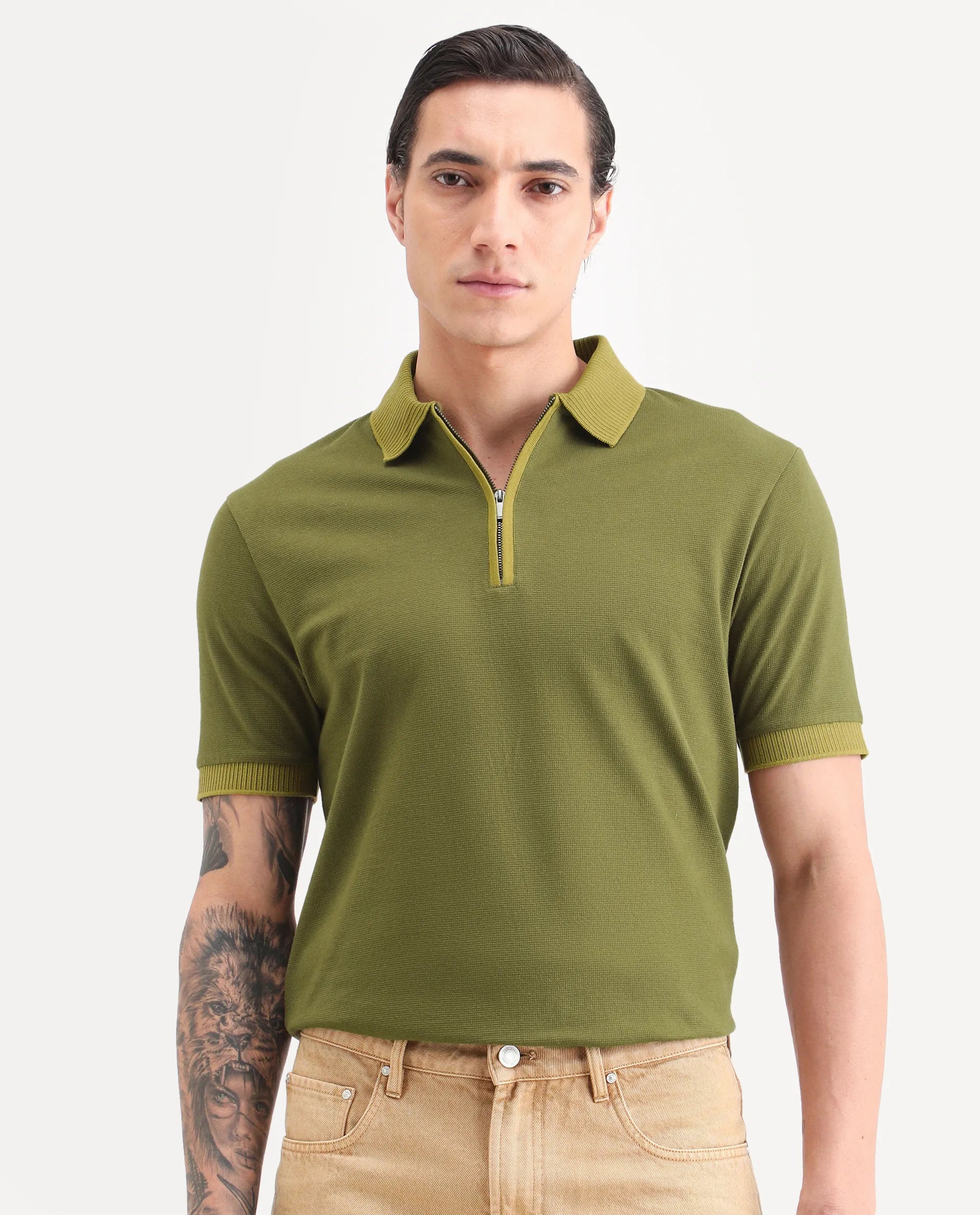 Rare Rabbit Men's Trij Olive Cotton Blend Fabric Spread Collar Regular Fit Plain Polo