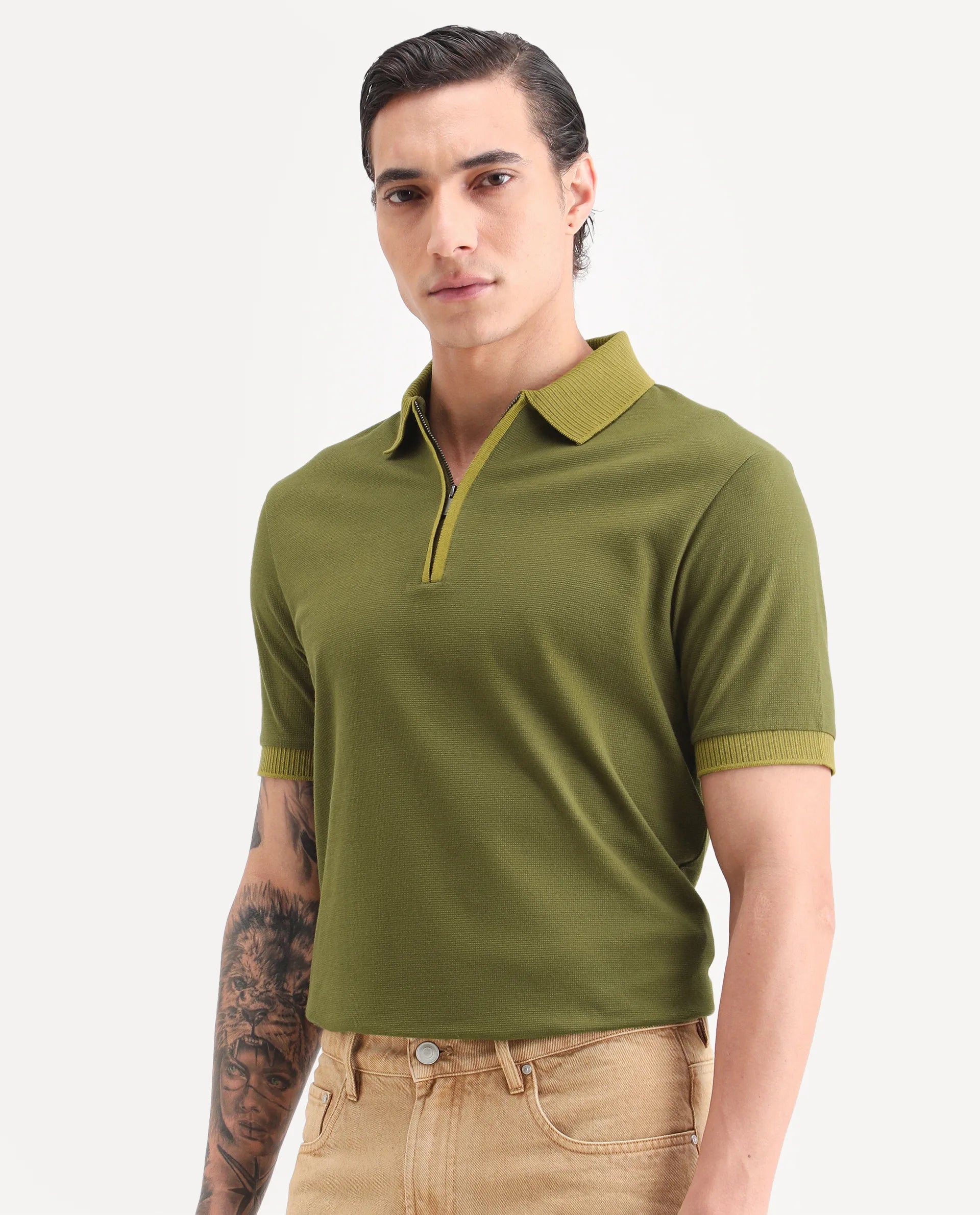 Rare Rabbit Men's Trij Olive Cotton Blend Fabric Spread Collar Regular Fit Plain Polo
