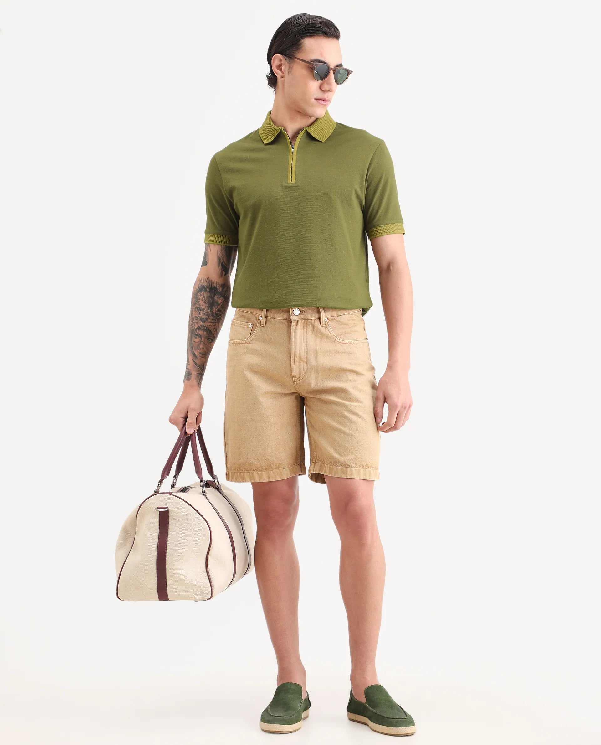 Rare Rabbit Men's Trij Olive Cotton Blend Fabric Spread Collar Regular Fit Plain Polo