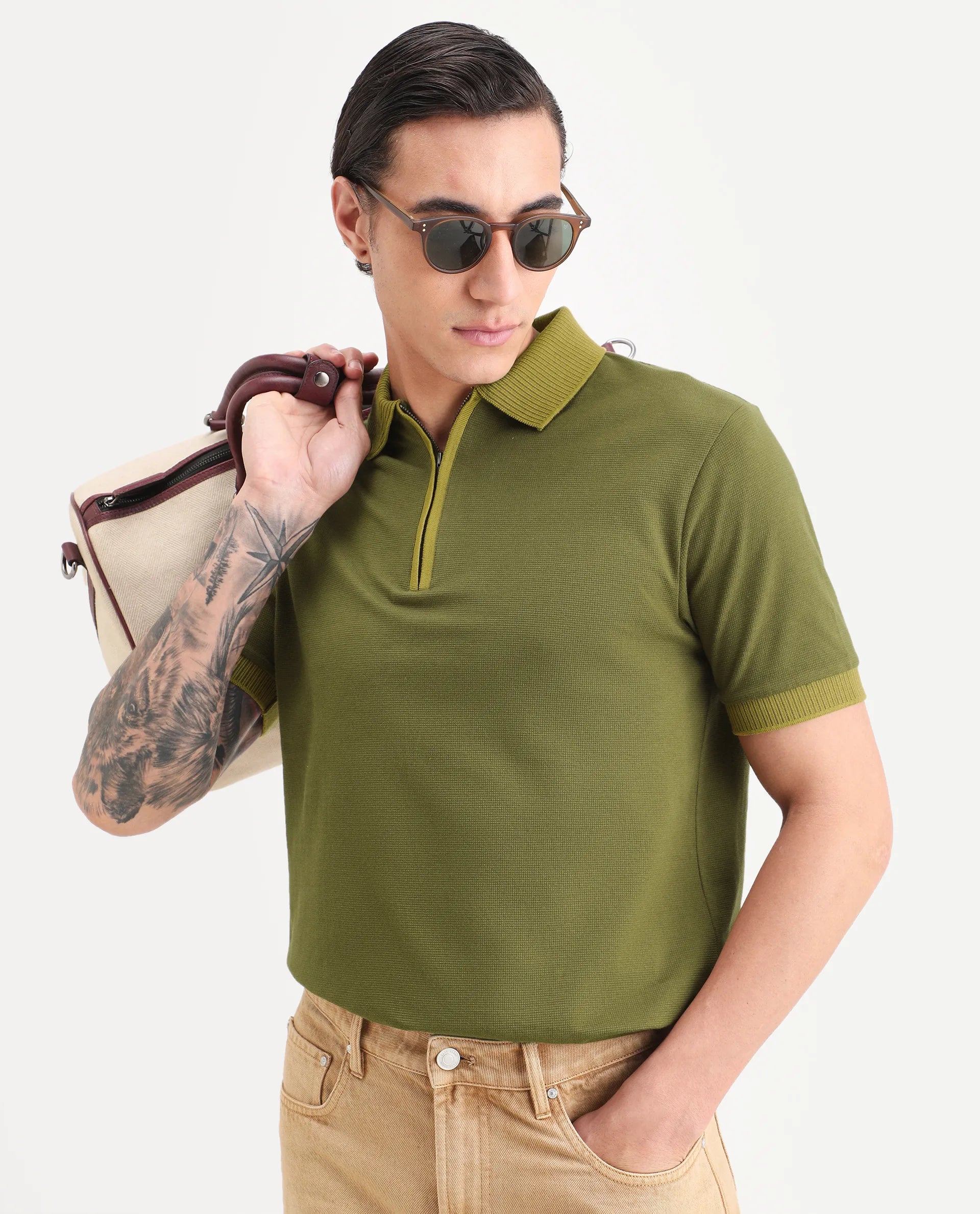 Rare Rabbit Men's Trij Olive Cotton Blend Fabric Spread Collar Regular Fit Plain Polo