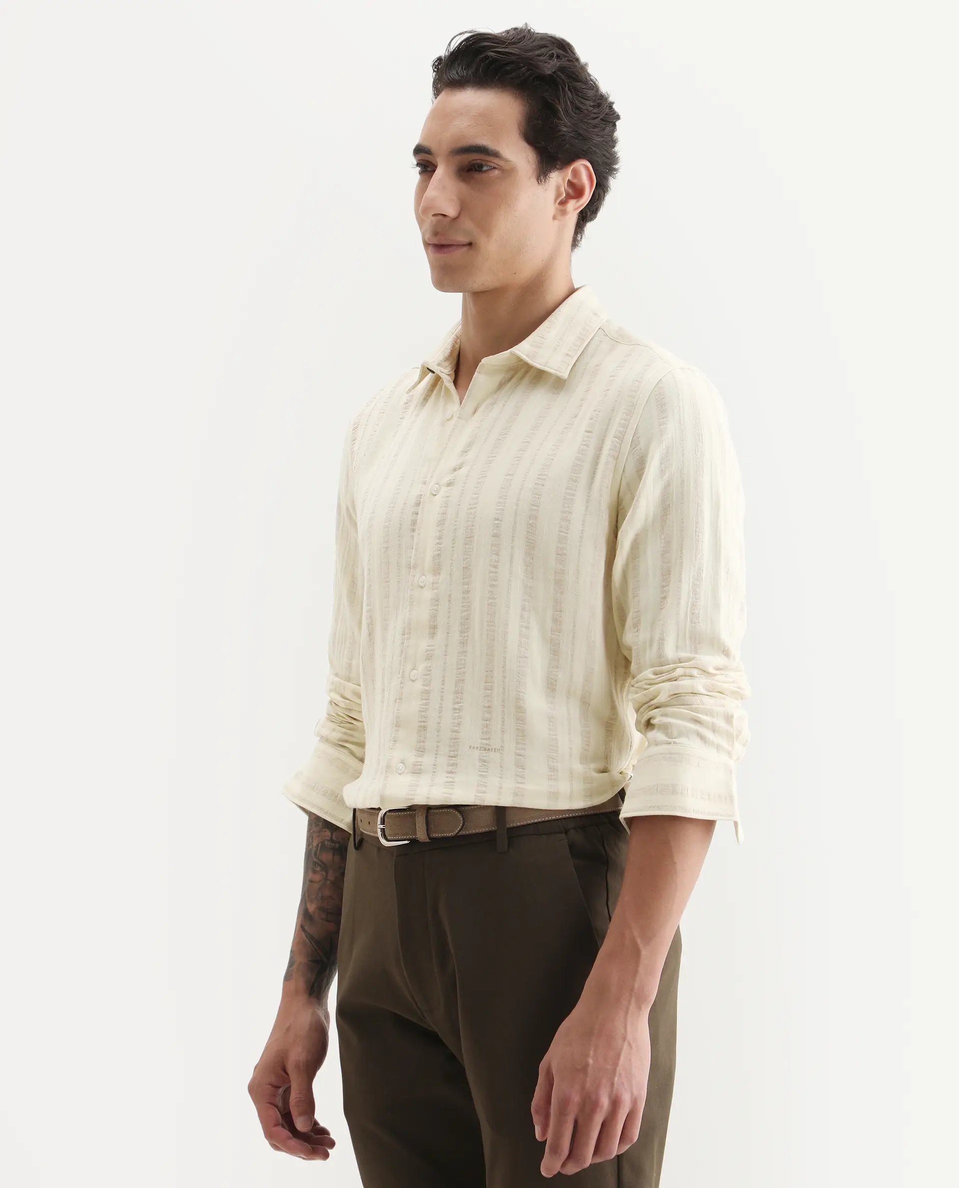 Rare Rabbit Men's Avno Light Yellow Cotton Fabric Full Sleeve Spread Collar Regular Fit Striped Shirt