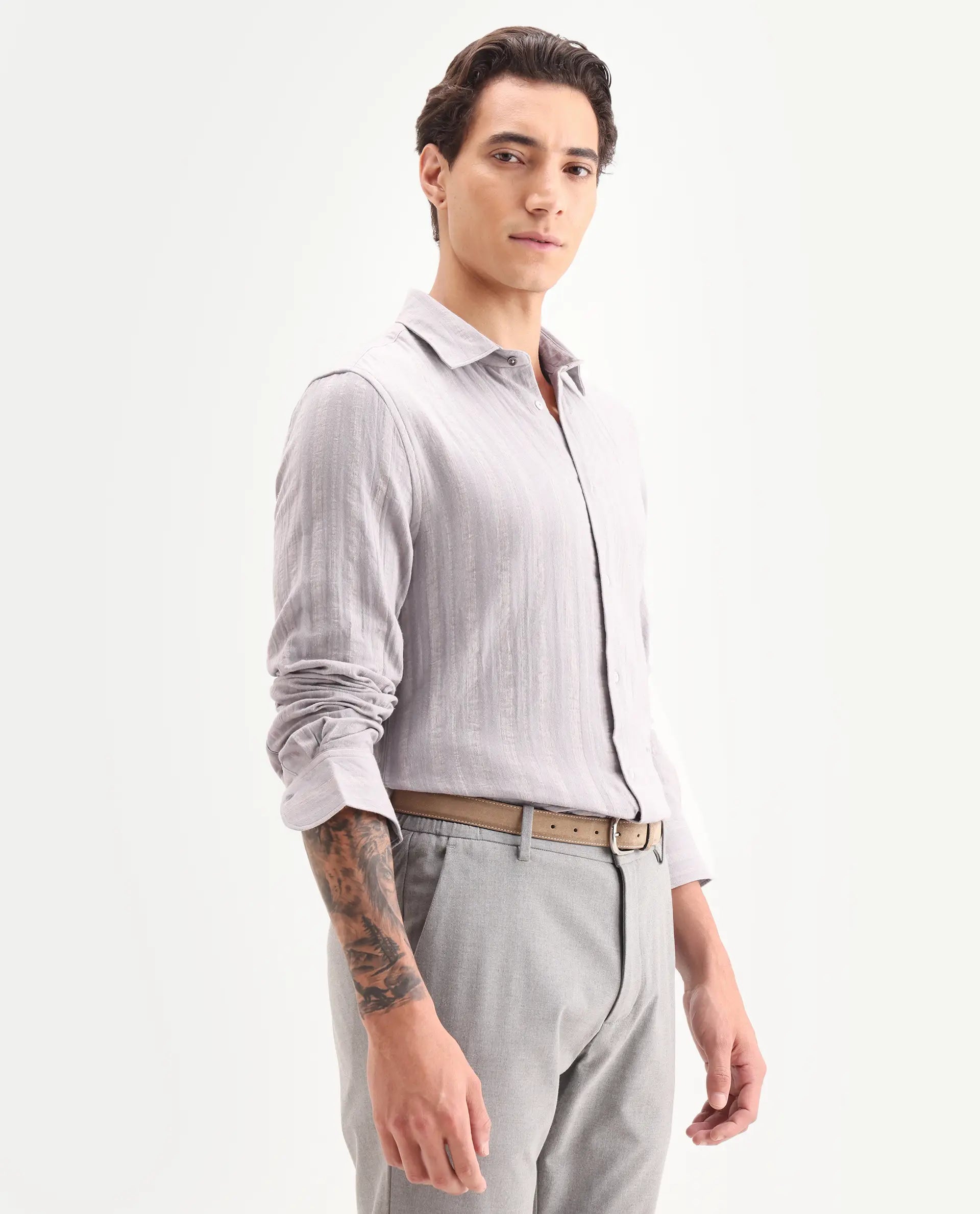 Rare Rabbit Men's Avno Dusky Purple Cotton Fabric Full Sleeve Spread Collar Regular Fit Striped Shirt