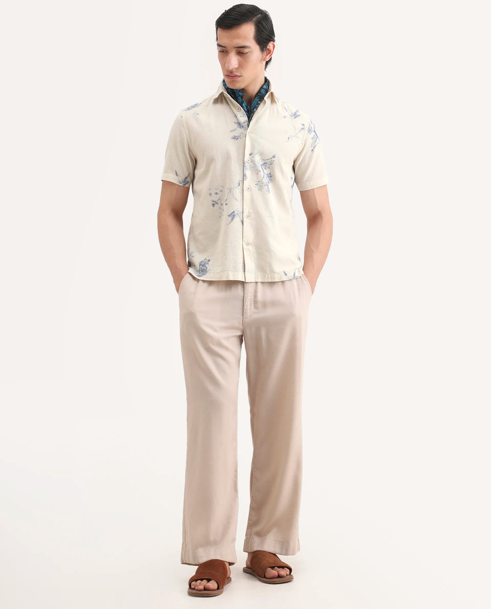 Rare Rabbit Men's Murpo Blue Cotton Fabric Half Sleeve Spread Collar Regular Fit Shirt