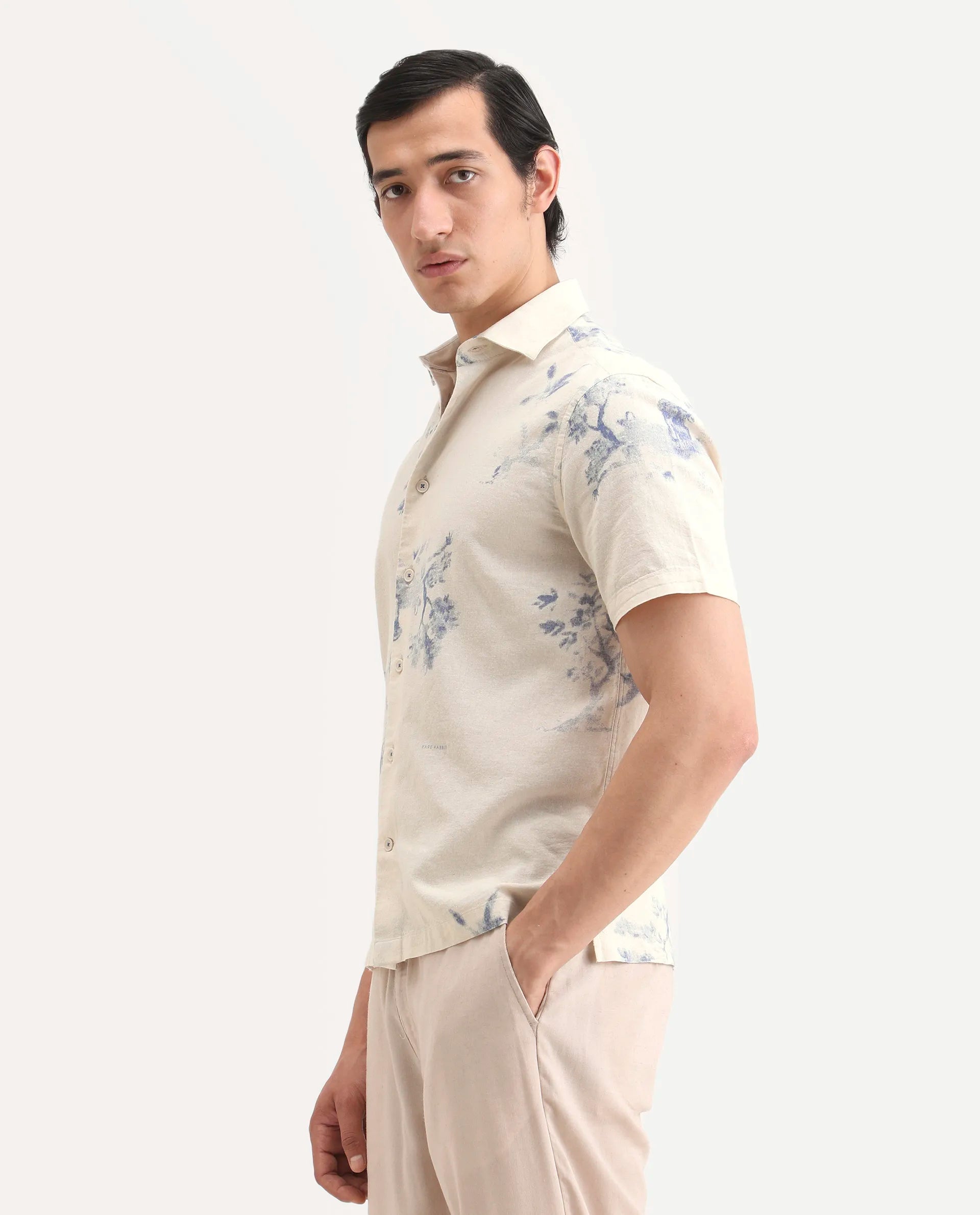 Rare Rabbit Men's Murpo Blue Cotton Fabric Half Sleeve Spread Collar Regular Fit Shirt