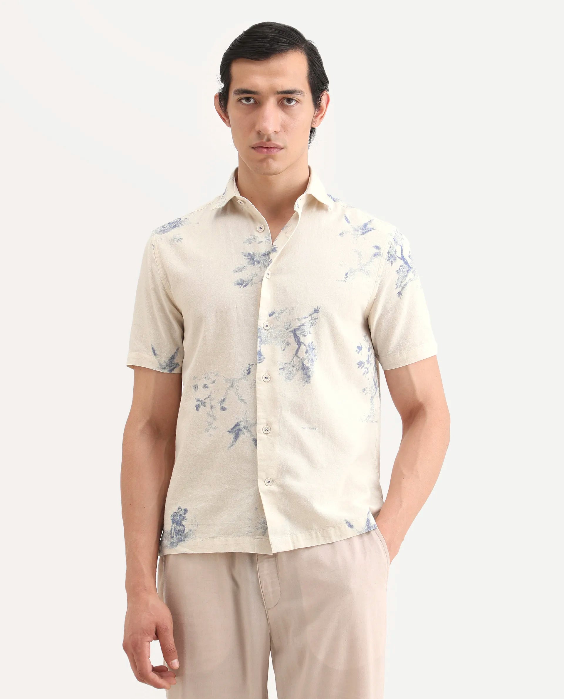 Rare Rabbit Men's Murpo Blue Cotton Fabric Half Sleeve Spread Collar Regular Fit Shirt