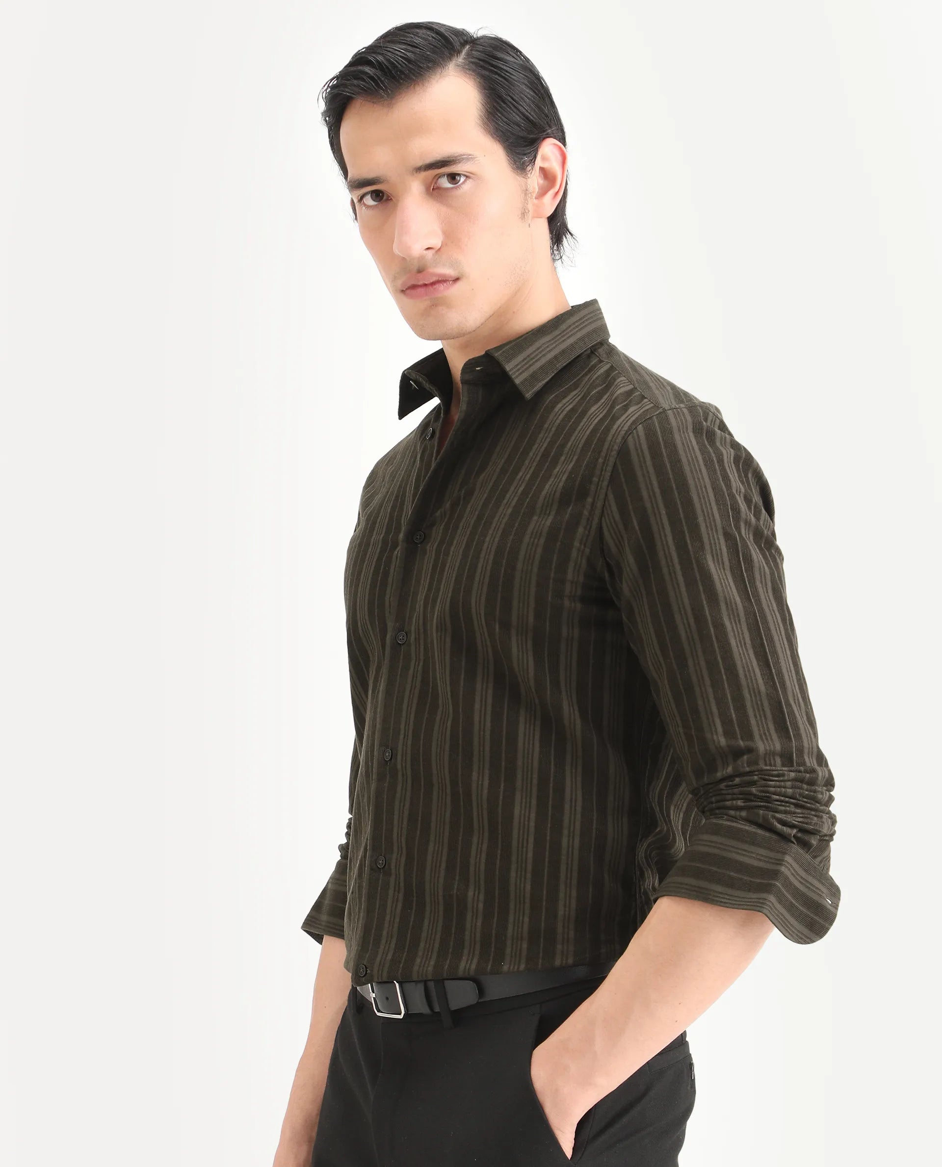Rare Rabbit Men's Otta Dark Brown Cotton Fabric Full Sleeve Spread Collar Regular Fit Striped Shirt