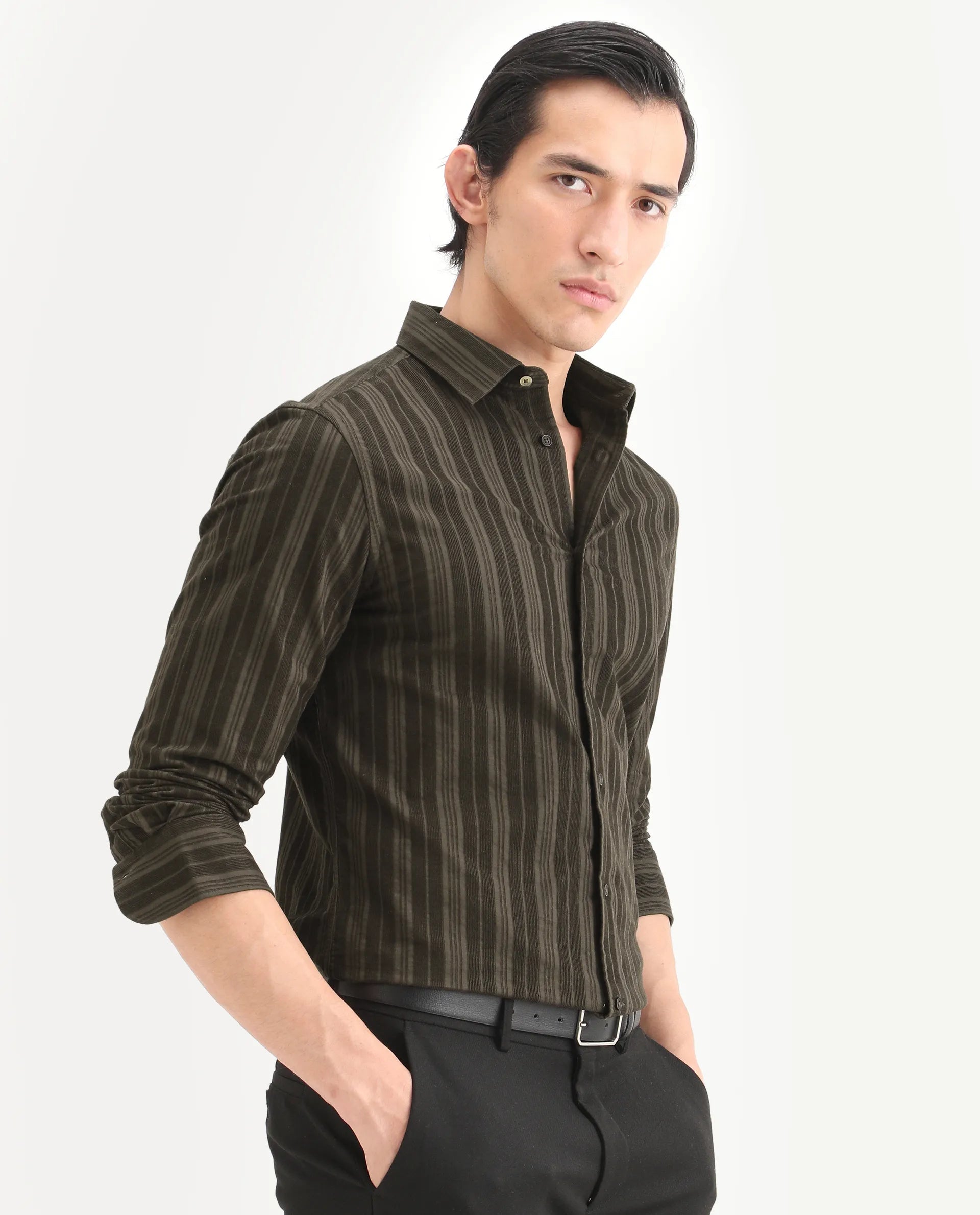 Rare Rabbit Men's Otta Dark Brown Cotton Fabric Full Sleeve Spread Collar Regular Fit Striped Shirt