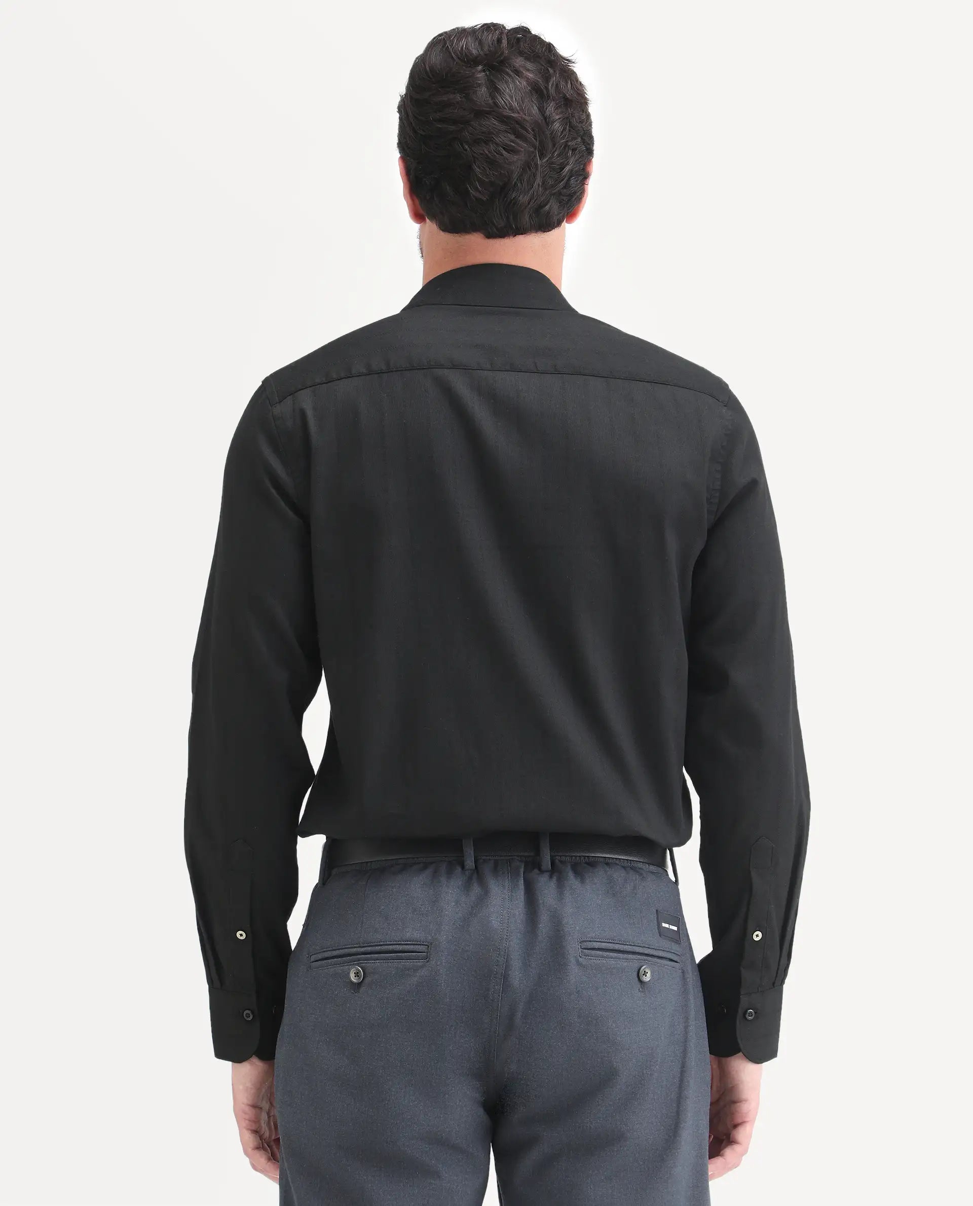 Rare Rabbit Men's Dyke Dark Black Cotton Blend Fabric Full Sleeve Spread Collar Regular Fit Shirt