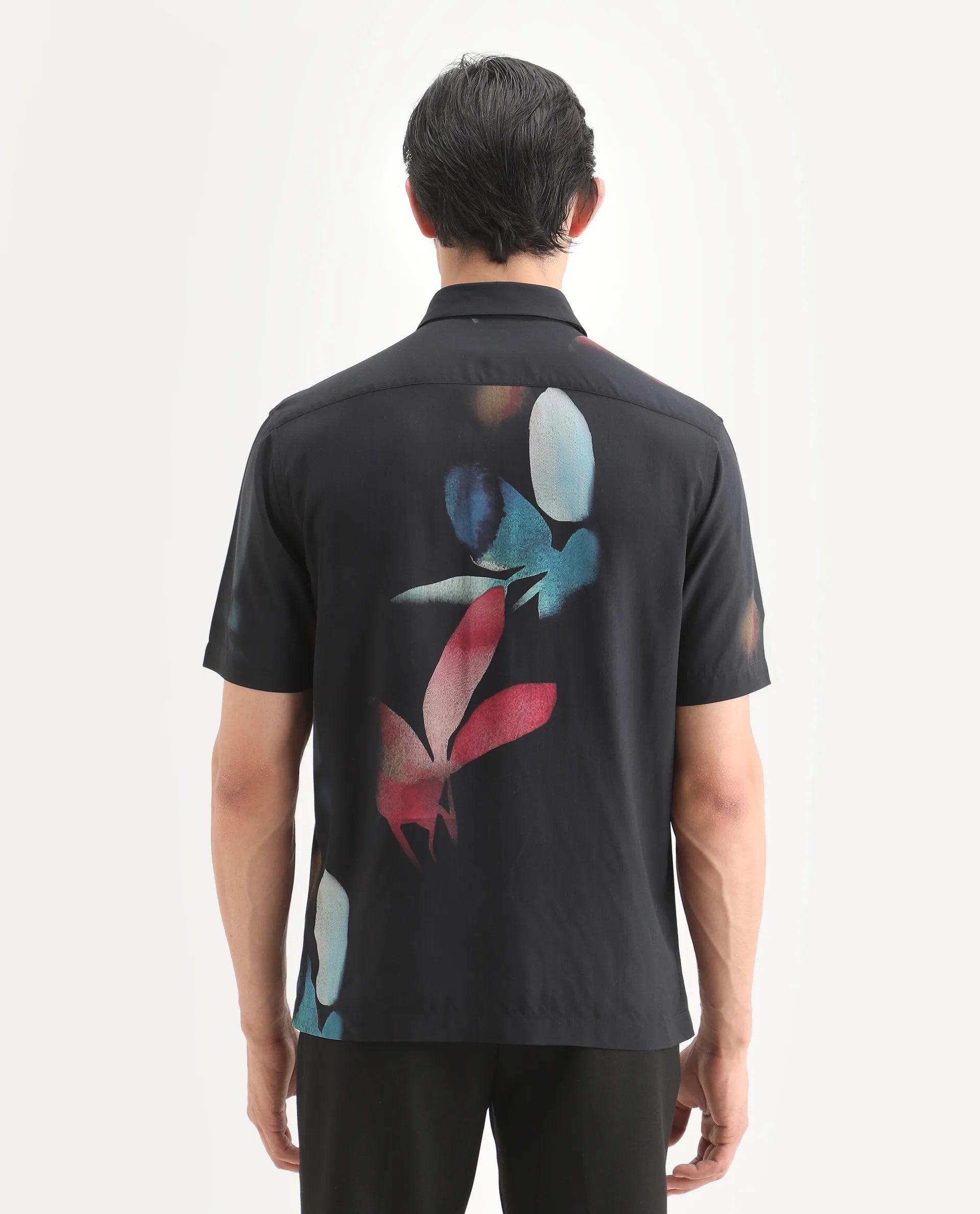 Rare Rabbit Men's Oqen Black Viscose Fabric Half Sleeve Spread Collar Regular Fit Floral Print Shirt