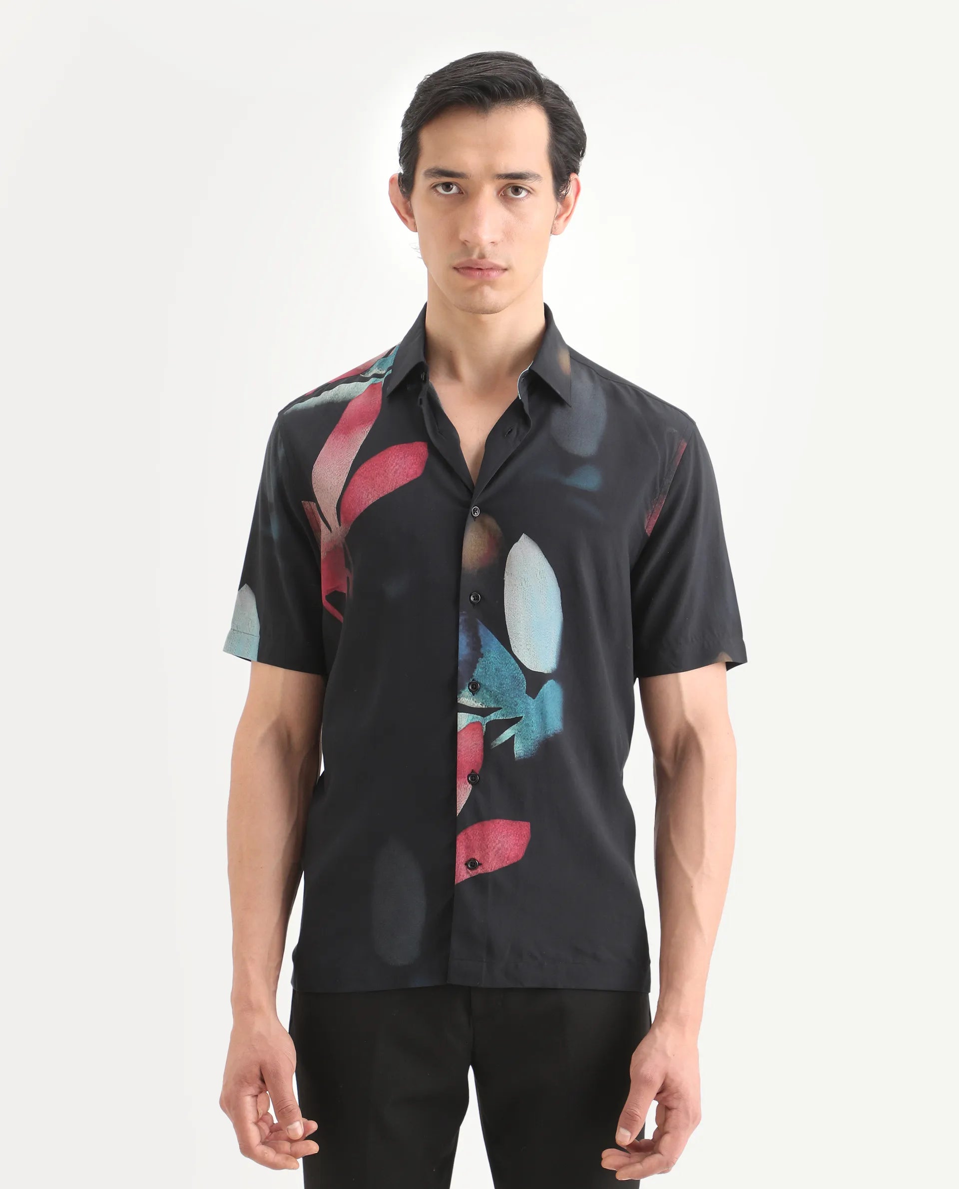 Rare Rabbit Men's Oqen Black Viscose Fabric Half Sleeve Spread Collar Regular Fit Floral Print Shirt