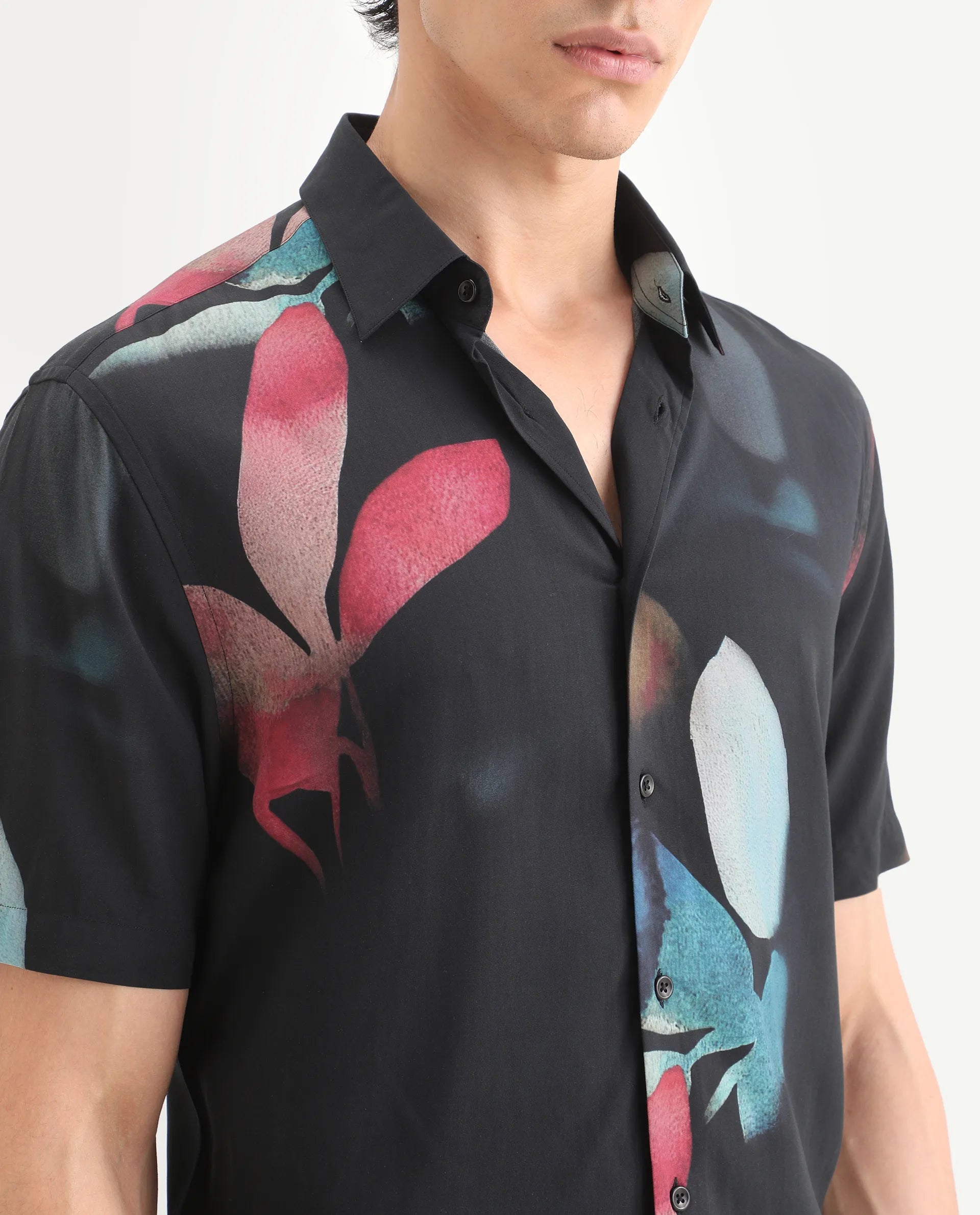 Rare Rabbit Men's Oqen Black Viscose Fabric Half Sleeve Spread Collar Regular Fit Floral Print Shirt