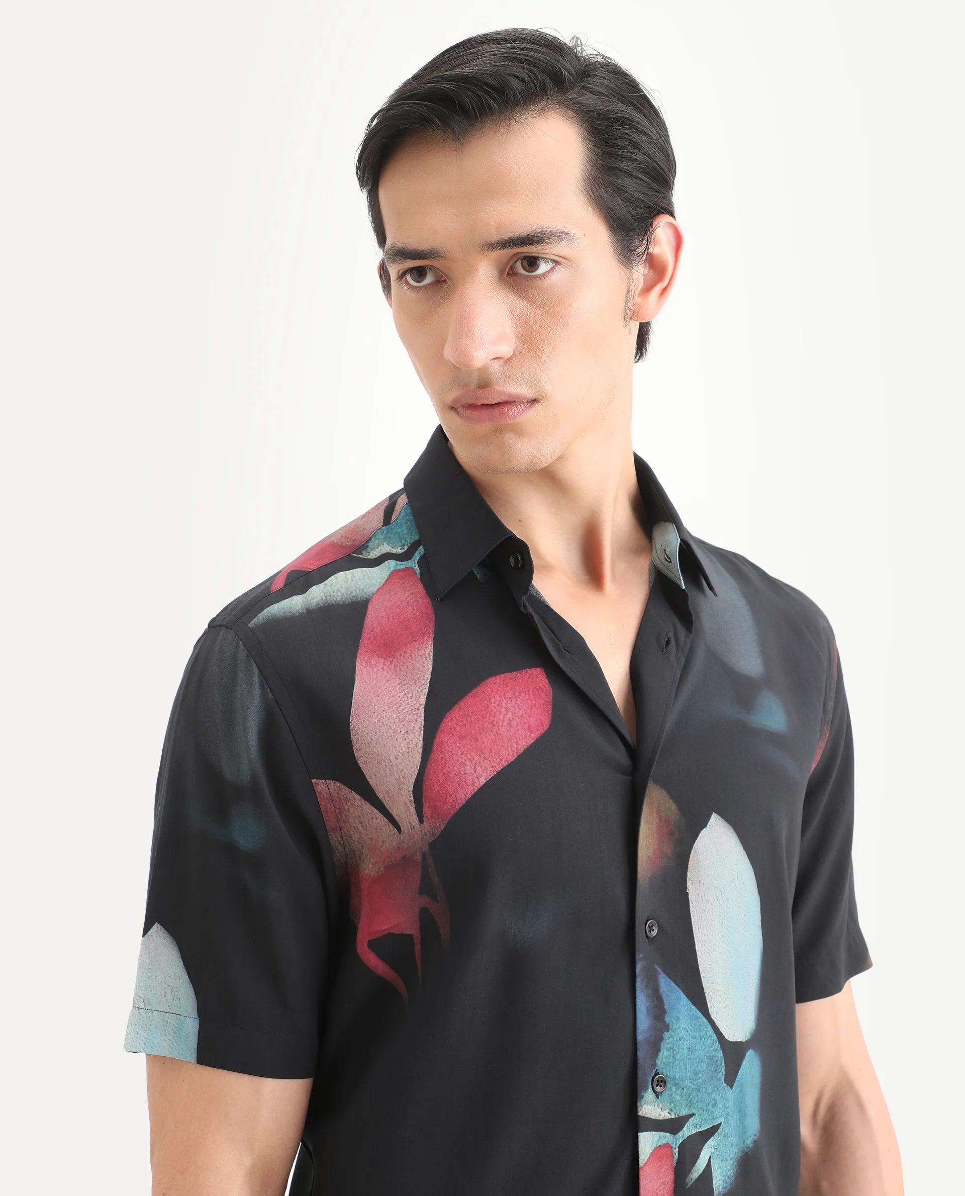 Rare Rabbit Men's Oqen Black Viscose Fabric Half Sleeve Spread Collar Regular Fit Floral Print Shirt