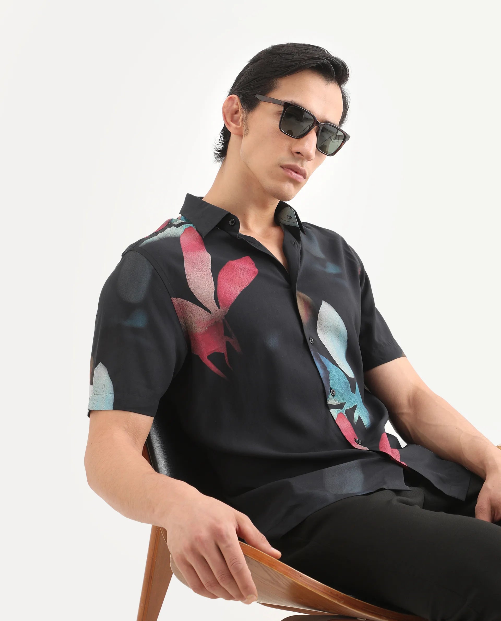 Rare Rabbit Men's Oqen Black Viscose Fabric Half Sleeve Spread Collar Regular Fit Floral Print Shirt