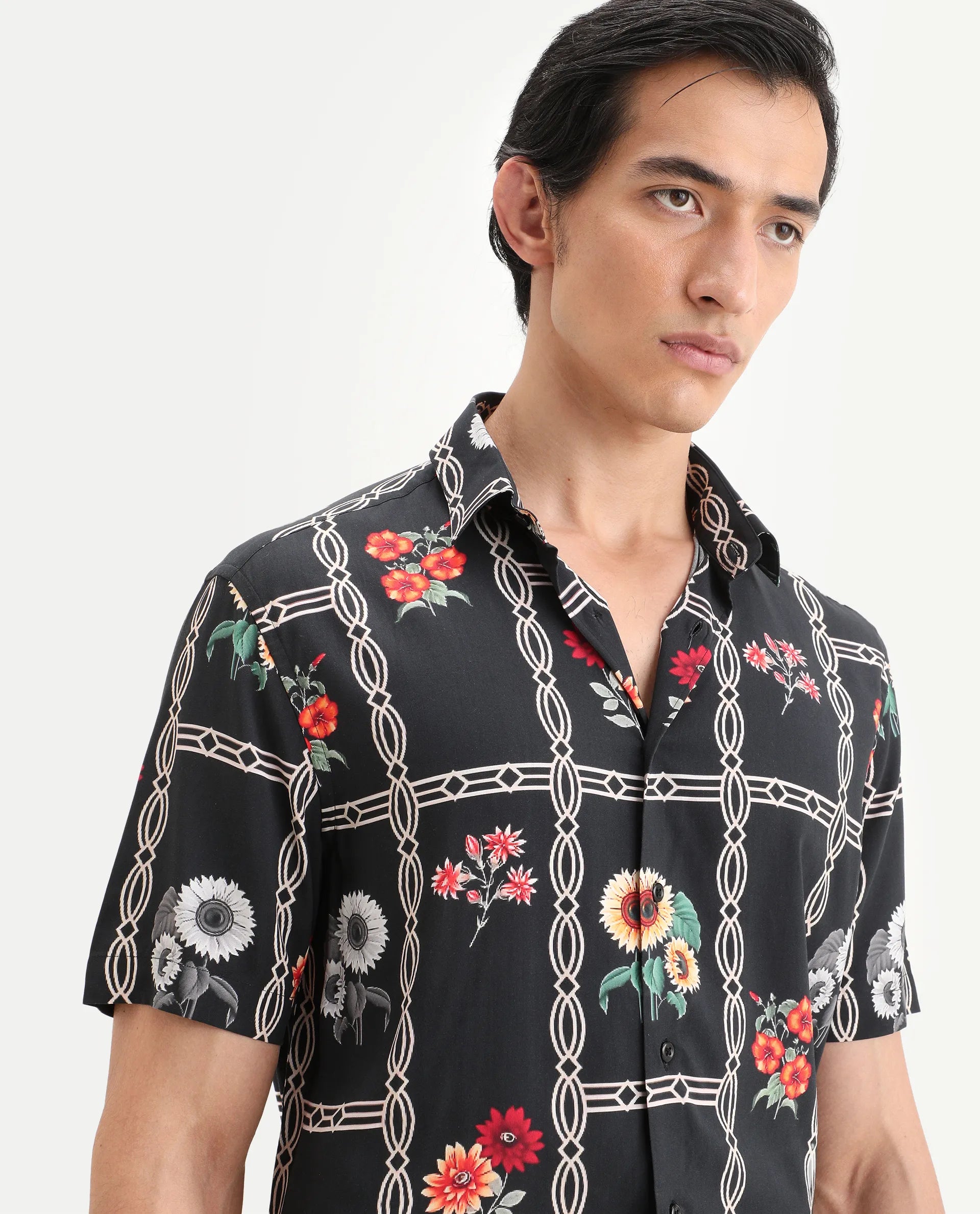 Rare Rabbit Men's Klyn Black Viscose Fabric Half Sleeve Spread Collar Regular Fit Floral Print Shirt