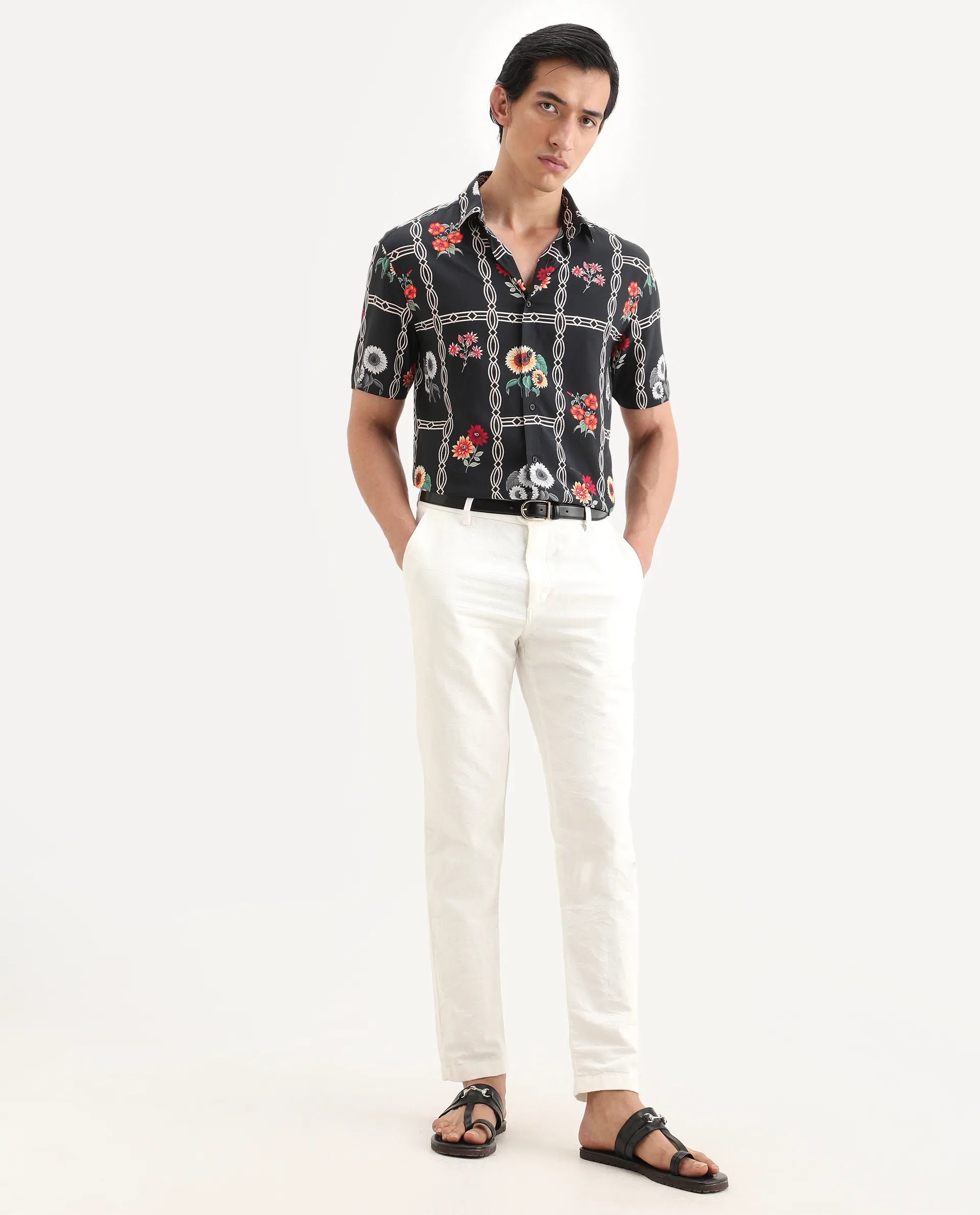 Rare Rabbit Men's Klyn Black Viscose Fabric Half Sleeve Spread Collar Regular Fit Floral Print Shirt