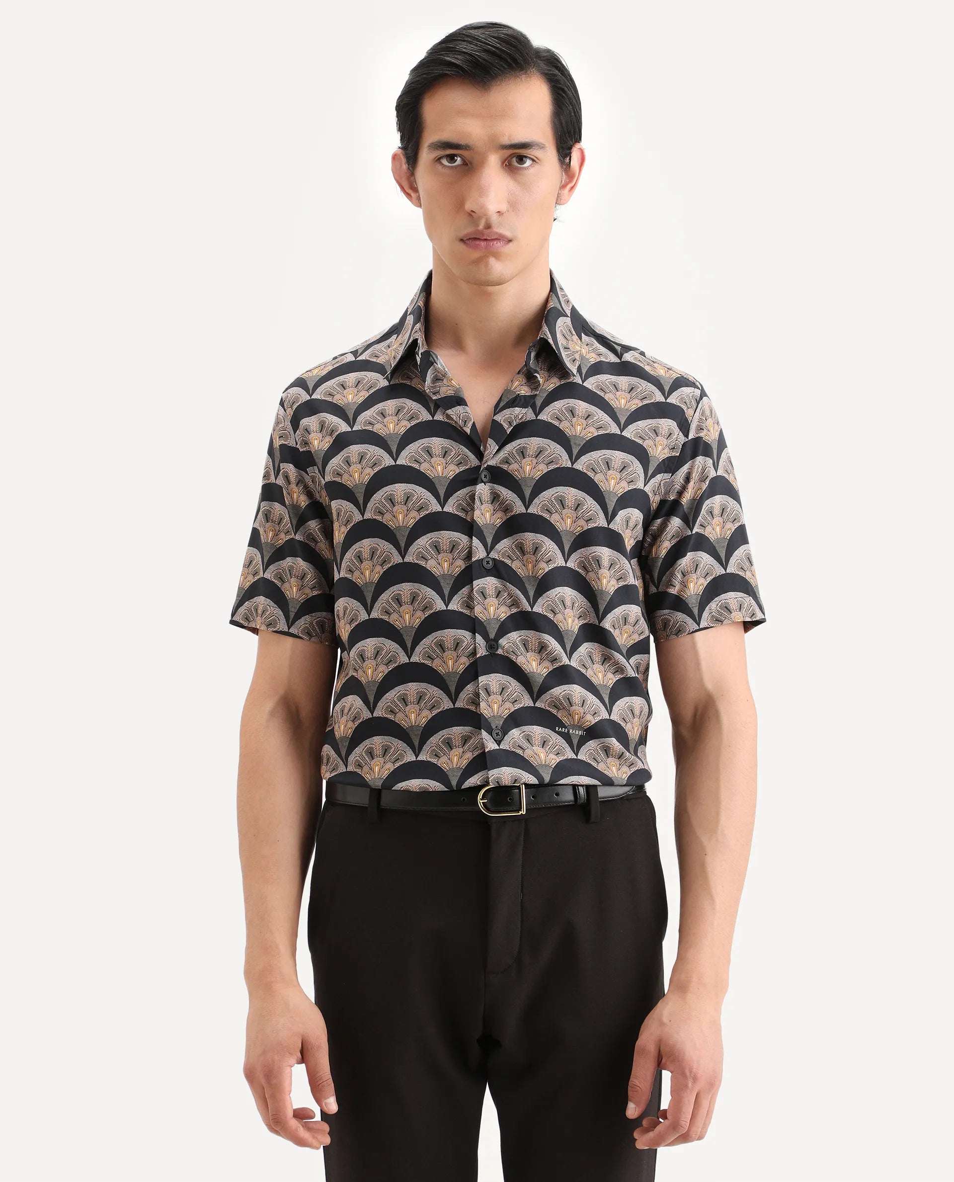 Rare Rabbit Men's Droz Black Viscose Fabric Half Sleeve Spread Collar Regular Fit Geometric Print Shirt