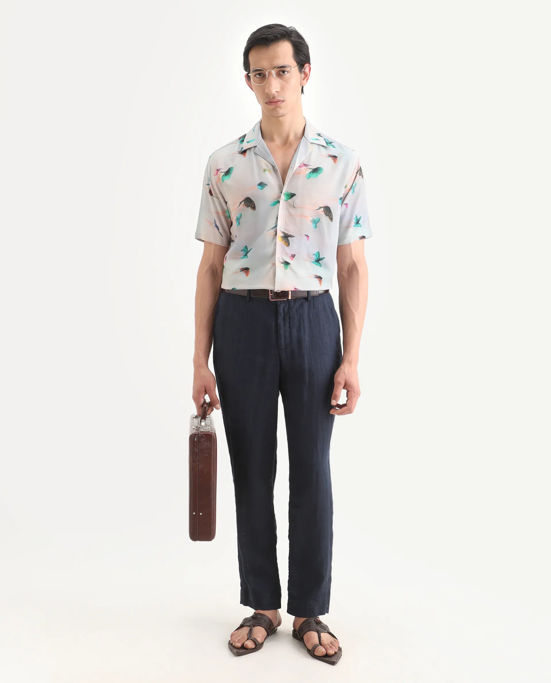 Rare Rabbit Men's Flog Dusky Blue Viscose Fabric Half Sleeve Cuban Collar Regular Fit Floral Print Shirt